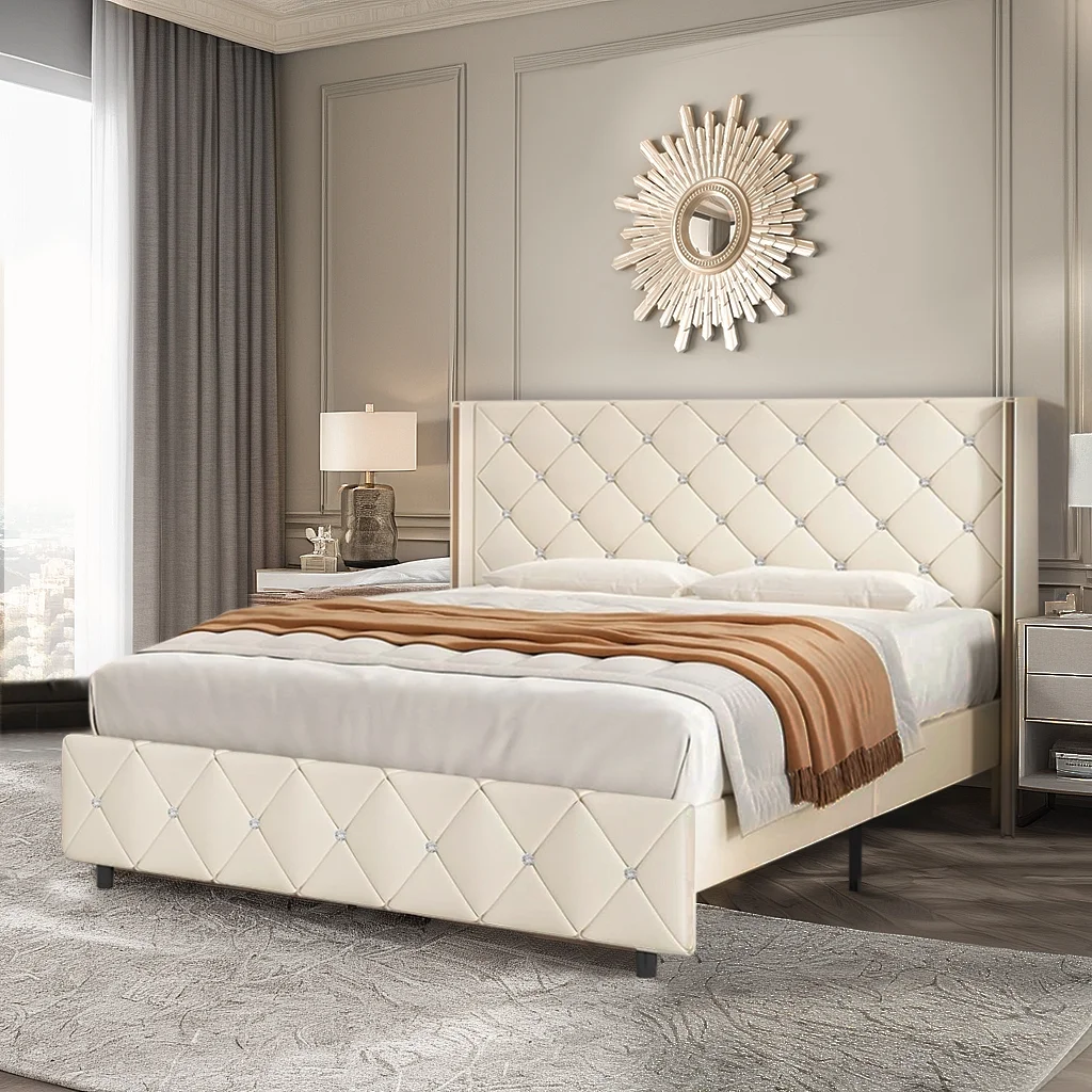 Catrimown Queen Bed Frame, Upholstered Platform Queen Bed Frame with Headboard for Bedroom, No Box Spring Needed, Beige