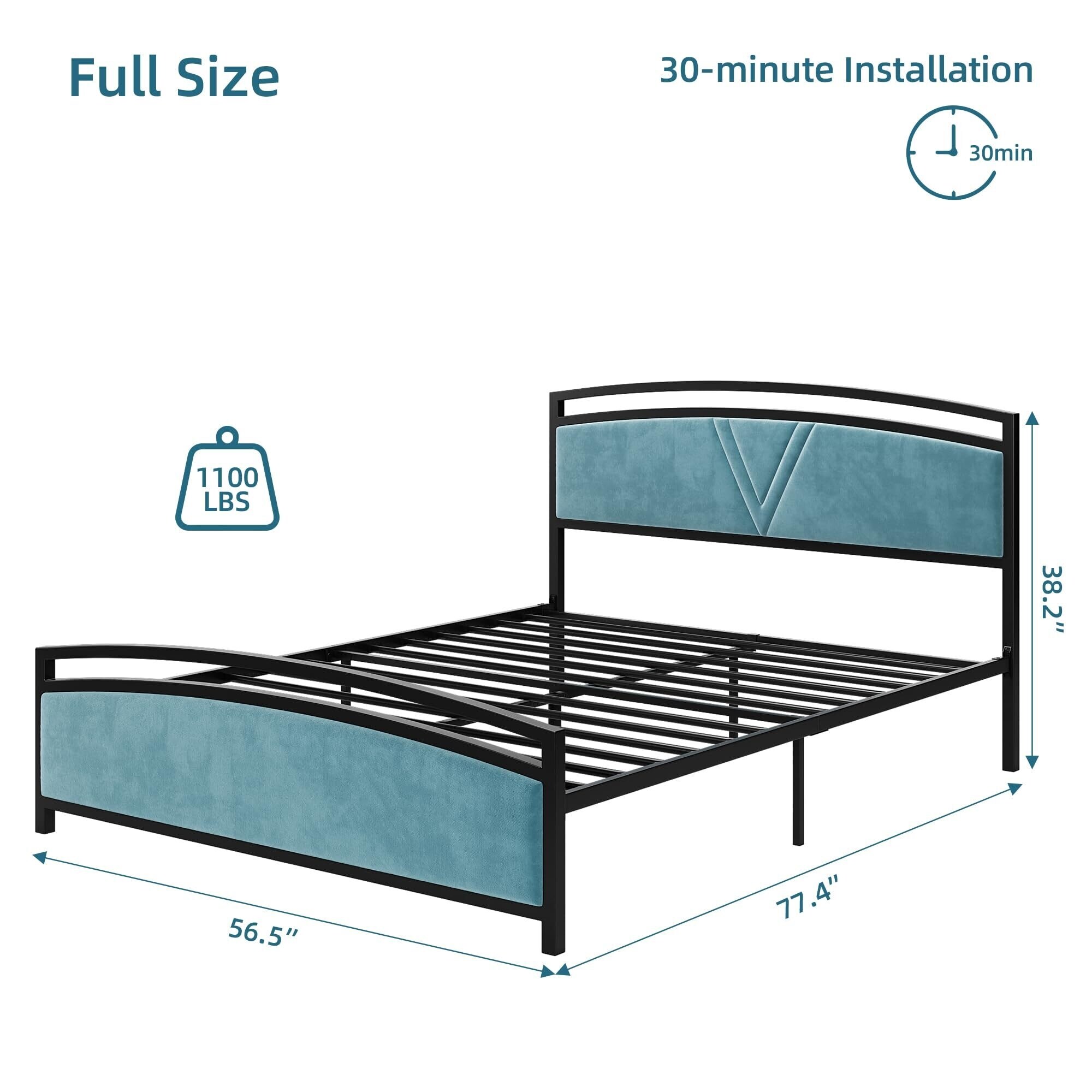 Velvet Upholstered Bed Frame with Headboard Full