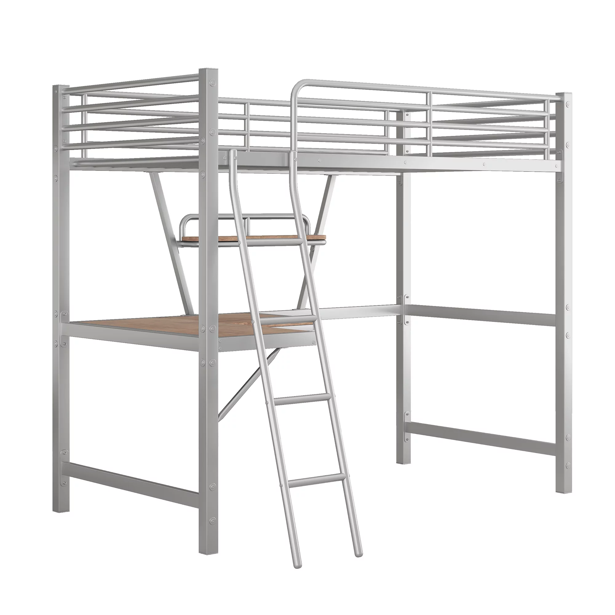 Twin Loft Bed with Desk for Teens Kids, Bunk Bed with Desk, Handrail Stairs, Full-Guardrails, Loft Bed Frame with Storage Shelf, Metal, Silver