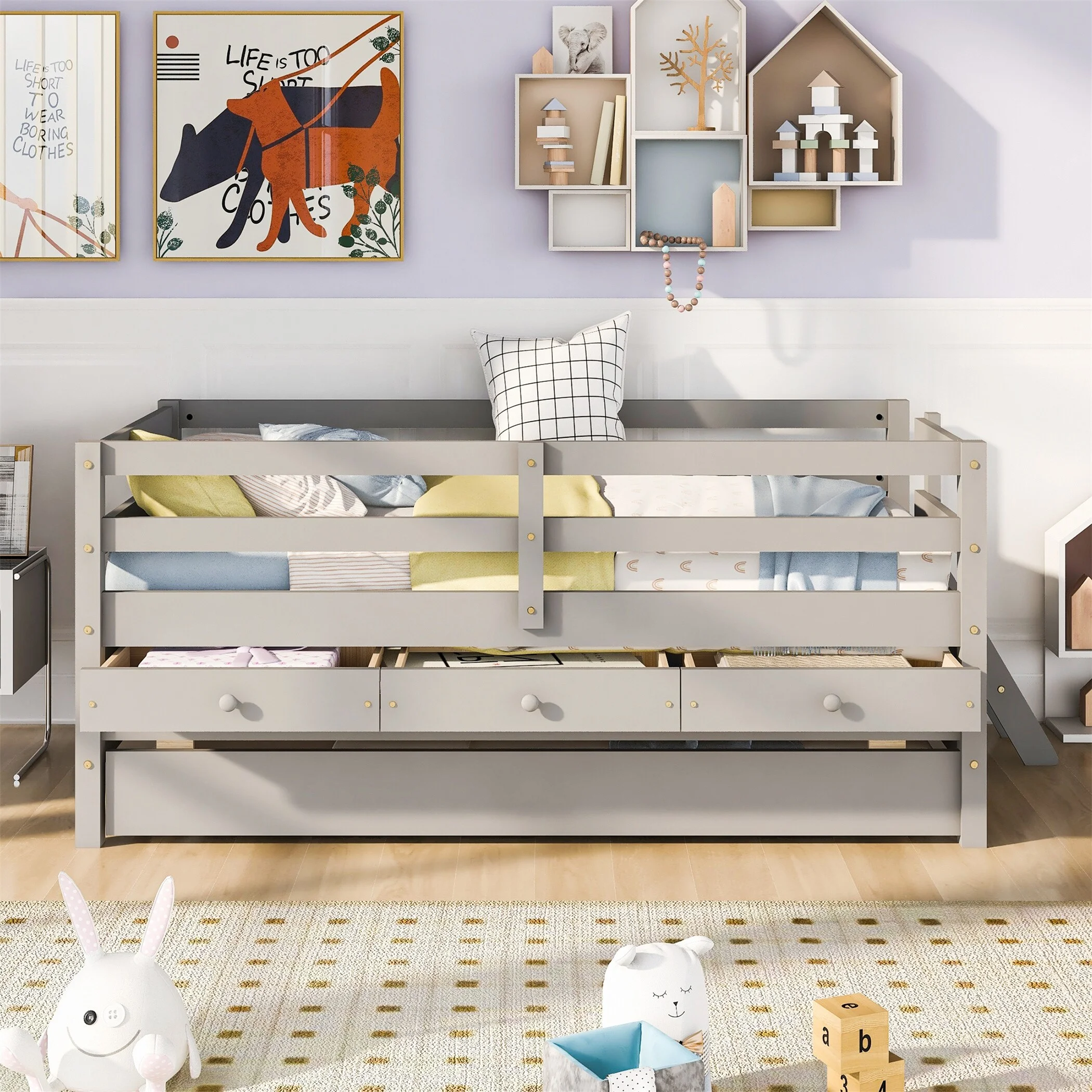 YJTONWIN Low Loft Bed Twin Size with Full Safety Fence Ladder and Trundle White
