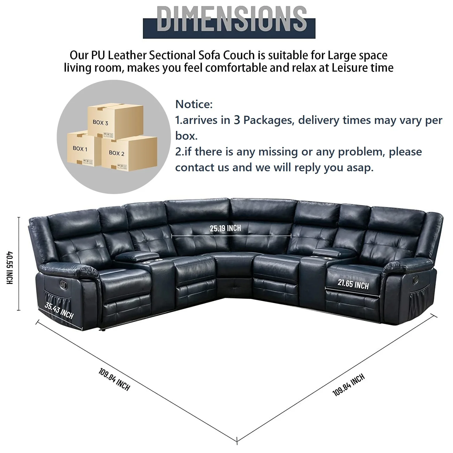 Nathaniel Home, PU Leather Reclining Sectional Sofa Set with 2 Consoles, Fashion Living Room Recliner Chair with Storage Box, L-Shaped Corner Couch with Cup Holders, Deep Ocean Blue