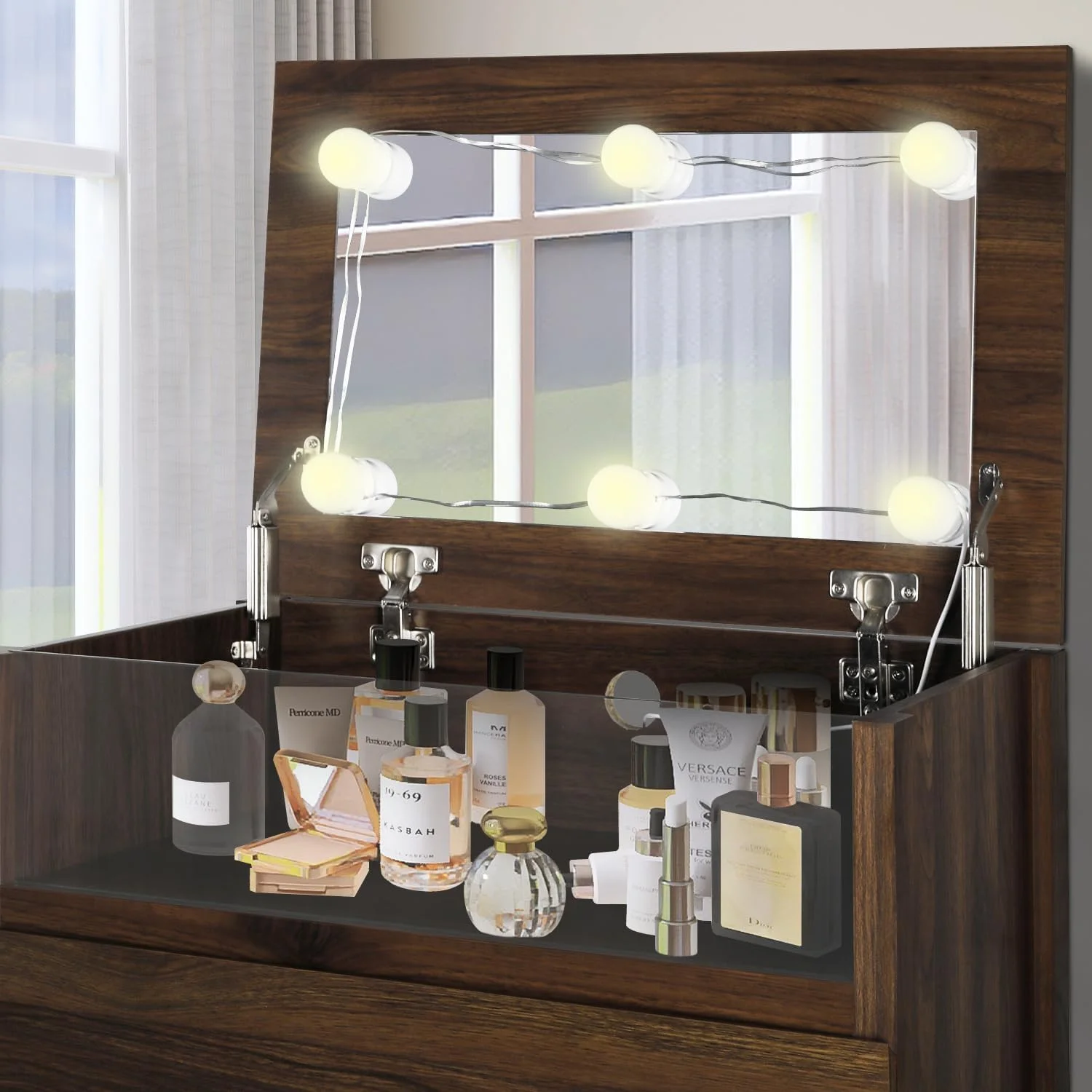 ENSTVER Tall Dresser with Vanity Mirror, Tall Makeup Dresser, Wooden Chest with Flip Top Mirror and Lights, Bedroom Drawer Dresser, 23.62''W × 15.75''D × 47.44''H, Brown