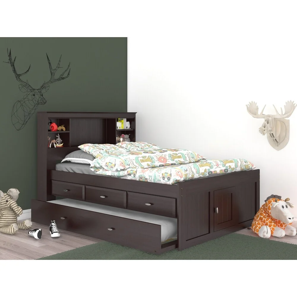 OS Home and Office Furniture Model Full Size Bookcase Bed with Three Drawers and Twin Sized Trundle in Dark Espresso