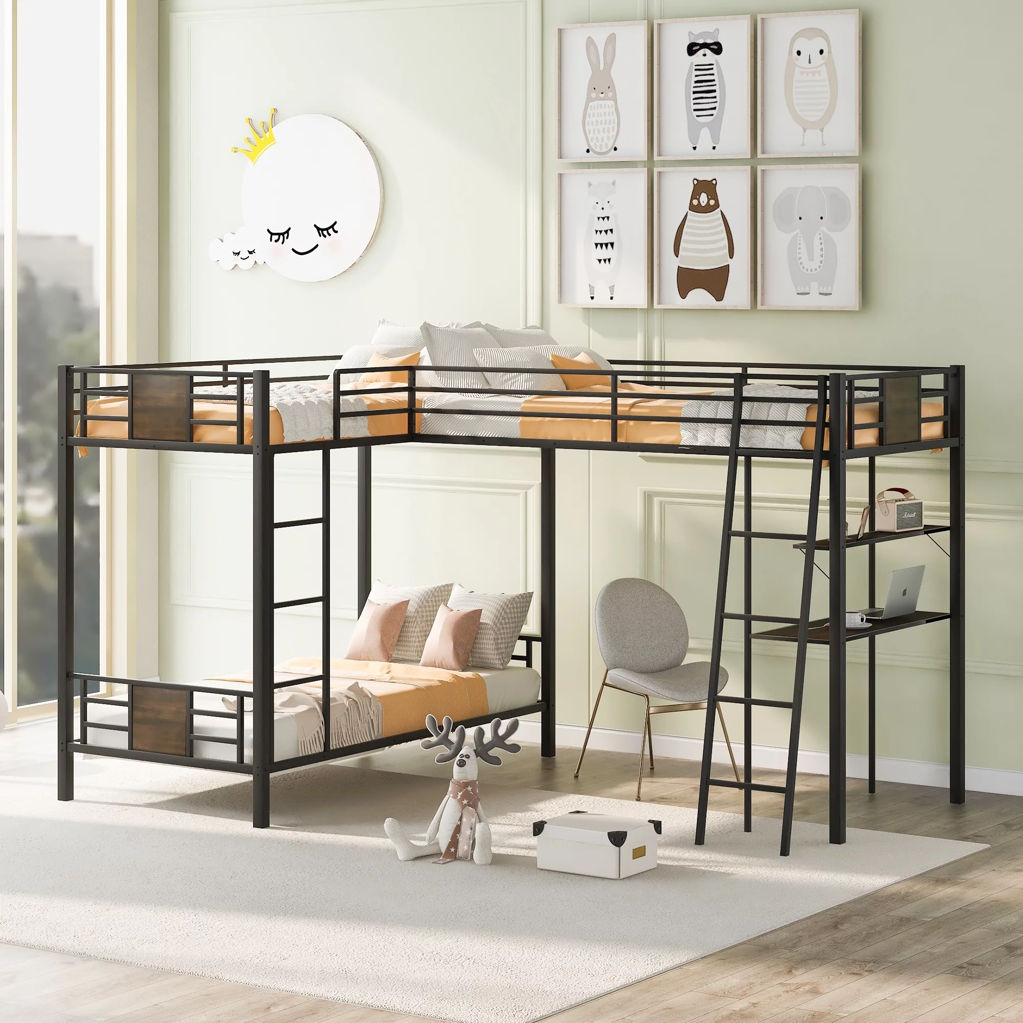 Euroco L-Shaped Twin over Twin Bunk Bed and Twin Loft Bed, Three Beds for More Kids with Study Desk and Shelf for Kids Bedroom, Black+Brown