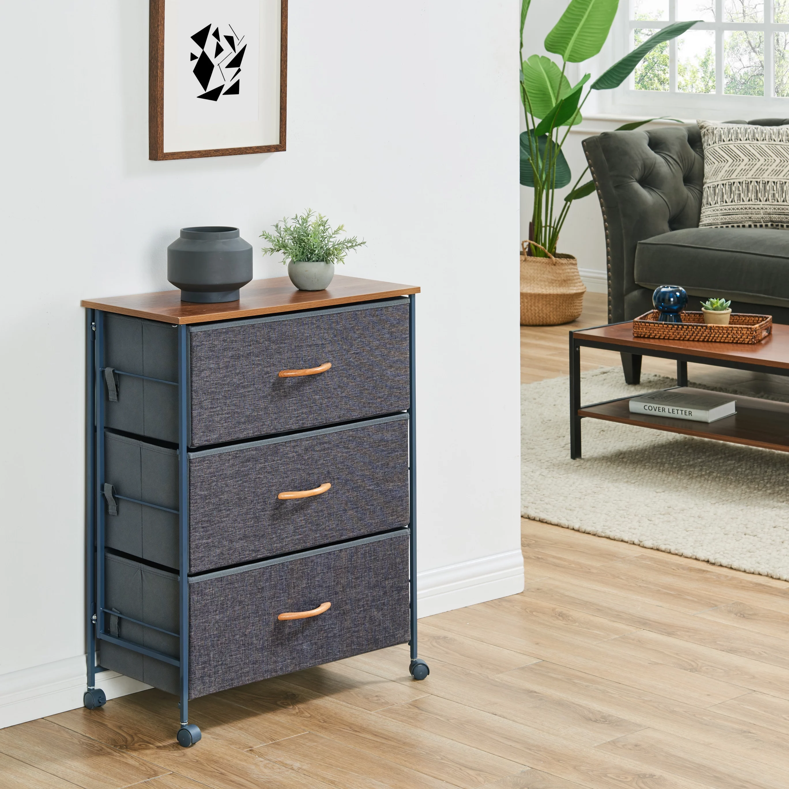 Danya B. Gray Fabric 3-Drawer Modern Storage Dresser Chest with Steel Frame and Caster Wheels