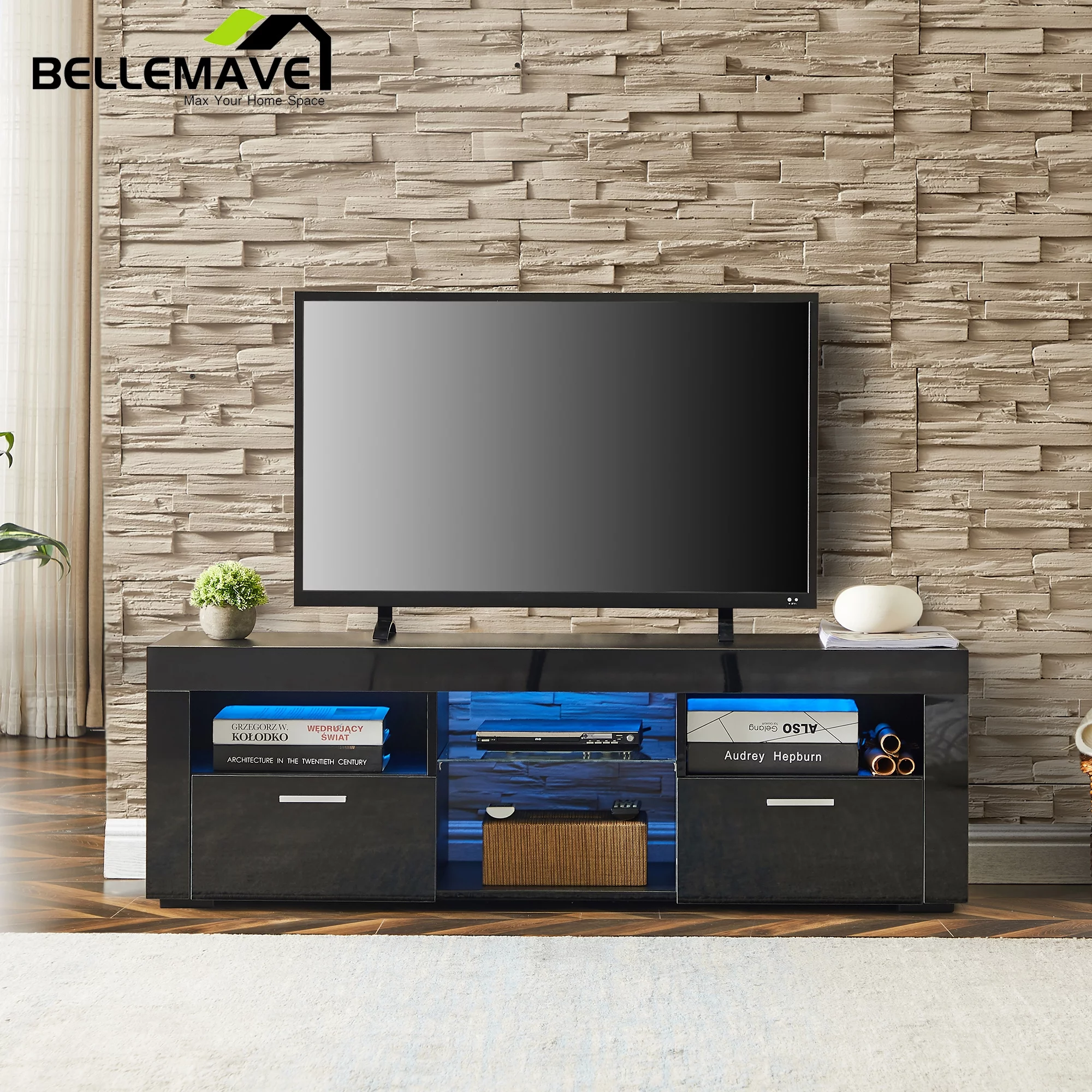 Bellemave Wood TV Stand with LED Lights for 55 Inch, High Glossy TV Table with Storage, TV Console with 2 Cabinets and Shelves, TV Cabinet for Living Room (Black)