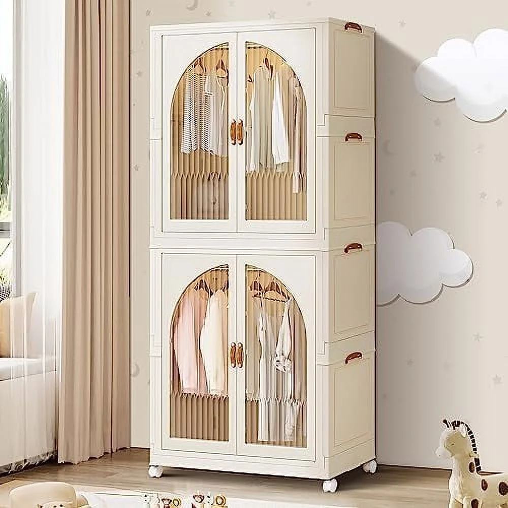 RUNFAYBIU Children's Wardrobe Portable  Closet Collapsible Plastic Large Baby Clothes Cabinet Bedroom Nursery Armoire Quick Install Toddler Dresser with Hanging Rod and Door Large 2 C
