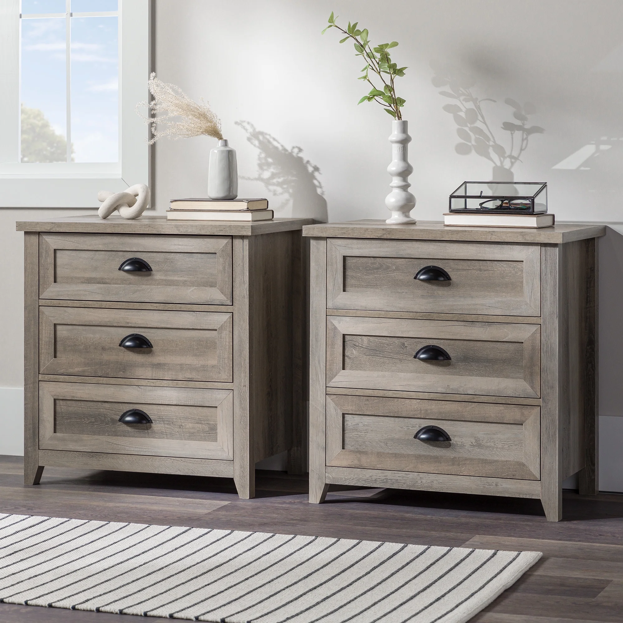 Walker Edison Farmhouse 3 Drawer Nightstand, Set of 2, Grey Wash