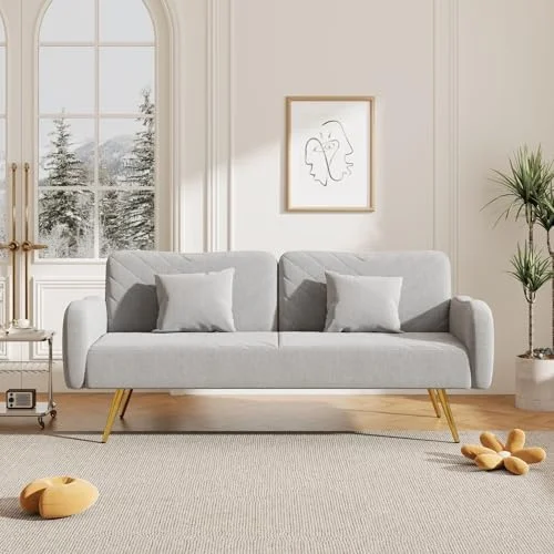 RUNFAYBIU Futon Sofa Bed  Modern Convertible Sleeper Couch for Living Room  Splitback Loveseat Sofas with 2 Pillows  Upholstered Futon Couch for Bedroom Office  70Inches (Grey)