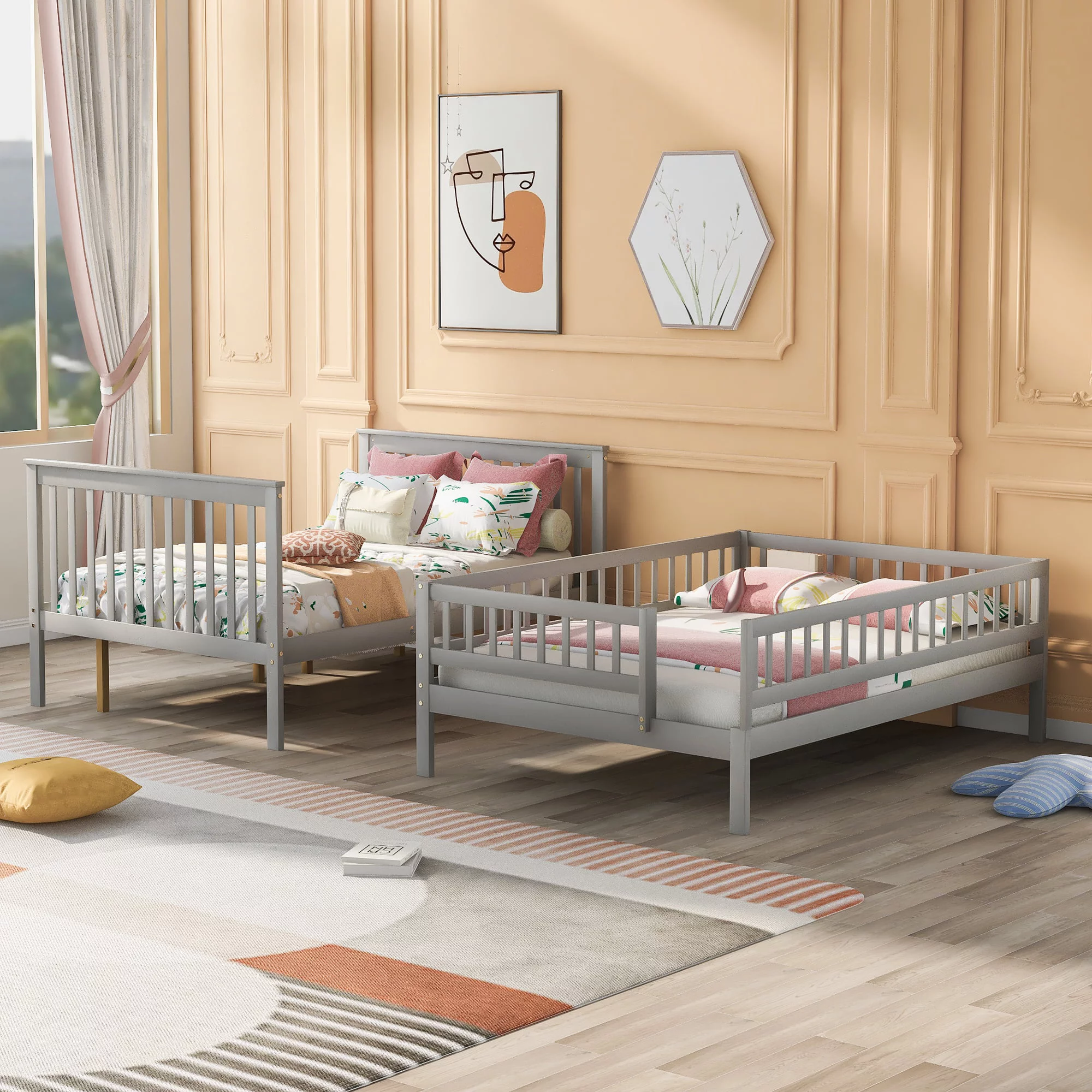 CHURANTY Full over Full Bunk Bed with Trundle Staircase Storage and Guard Rail for Bedroom, Dorm, for Teens, Boys or Girls, Adults,Gray
