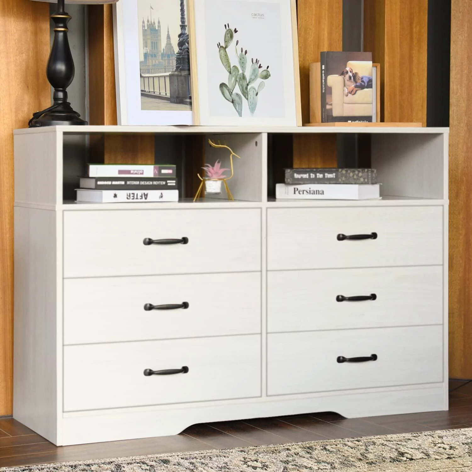 Catrimown 6 Drawer Dresser for Bedroom, White Double Dresser with Shelf, Wood Storage Side Cabinet for Living Room Bedroom, White