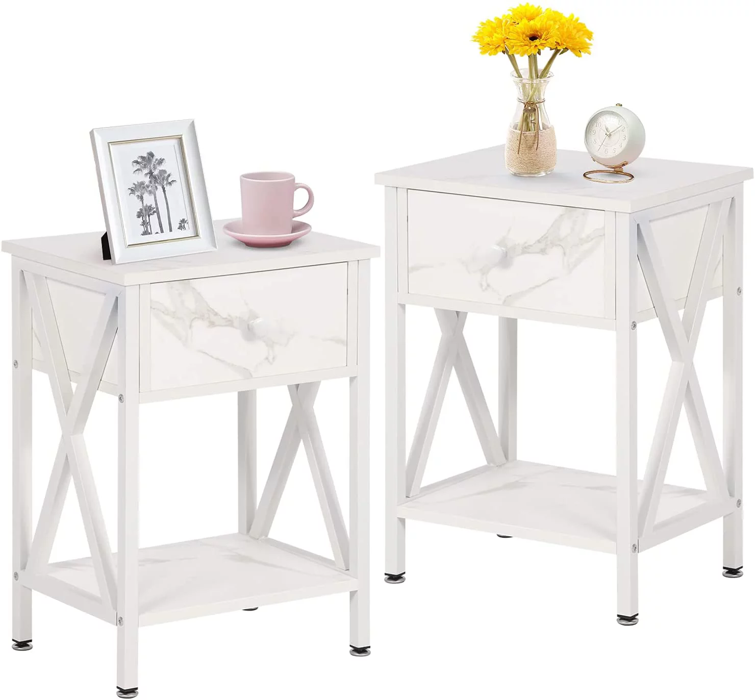 3-piece Bedroom Set, Twin Size Metal Platform Bed Frame and 2 White Nightstands