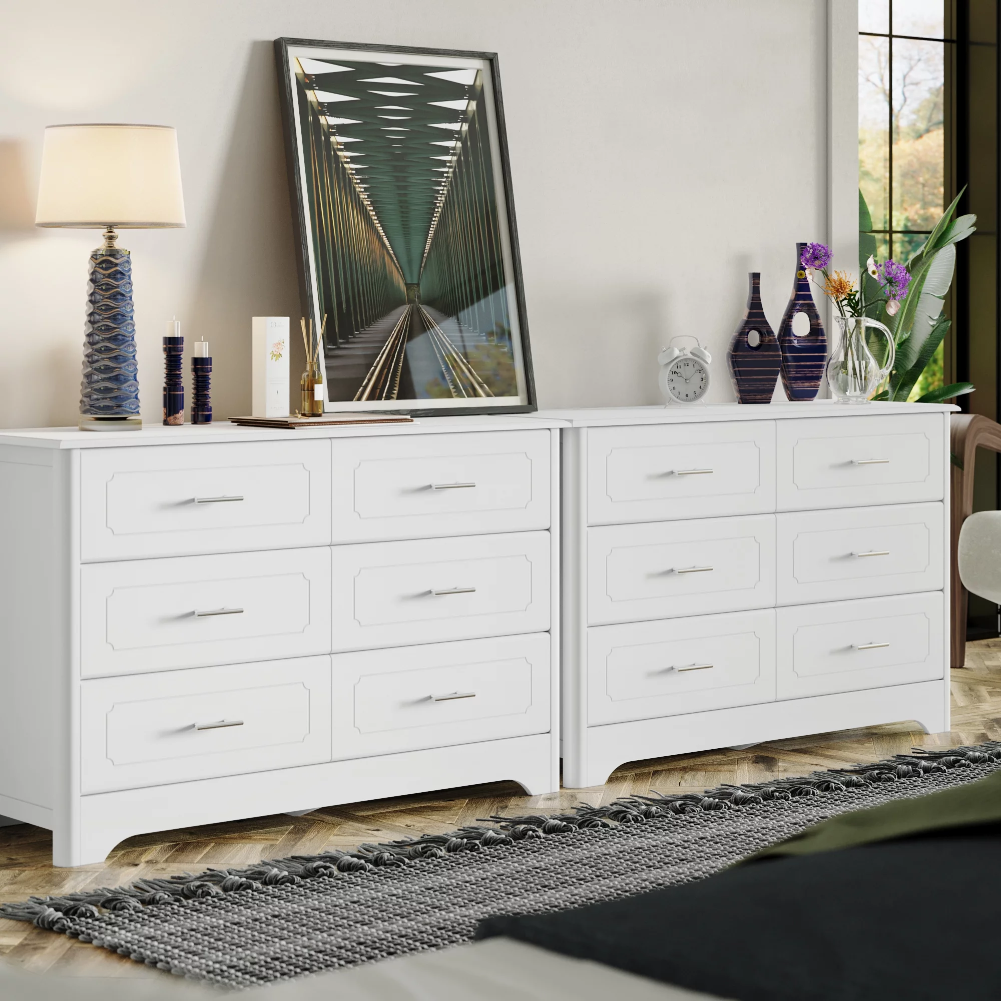 Homfa Double Dresser with 6 Drawer, White Horizontal Dresser Chest for Bedroom Kid's Room