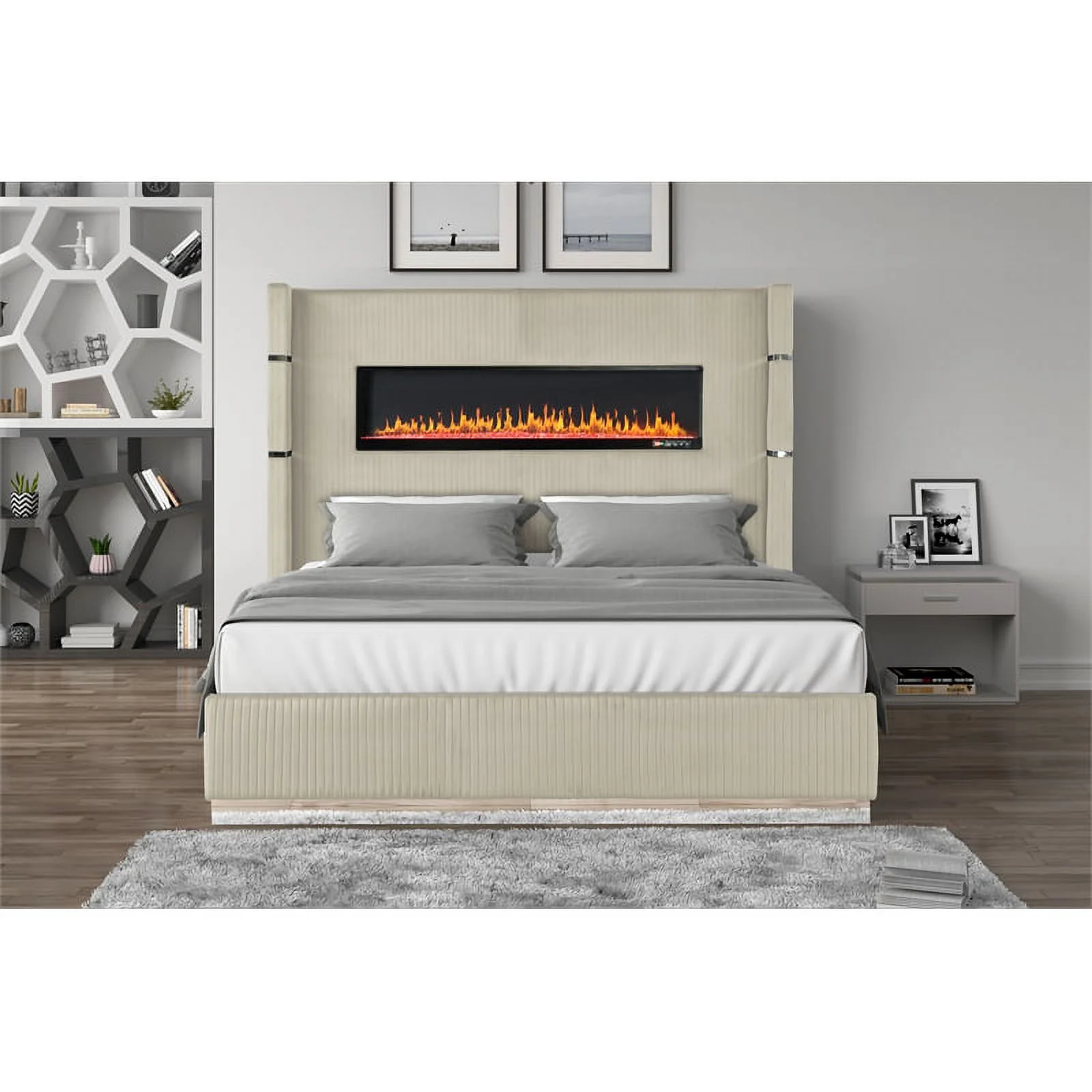 Pemberly Row Upholstery Wooden King Bed w/ Ambient lighting-Beige Velvet Finish