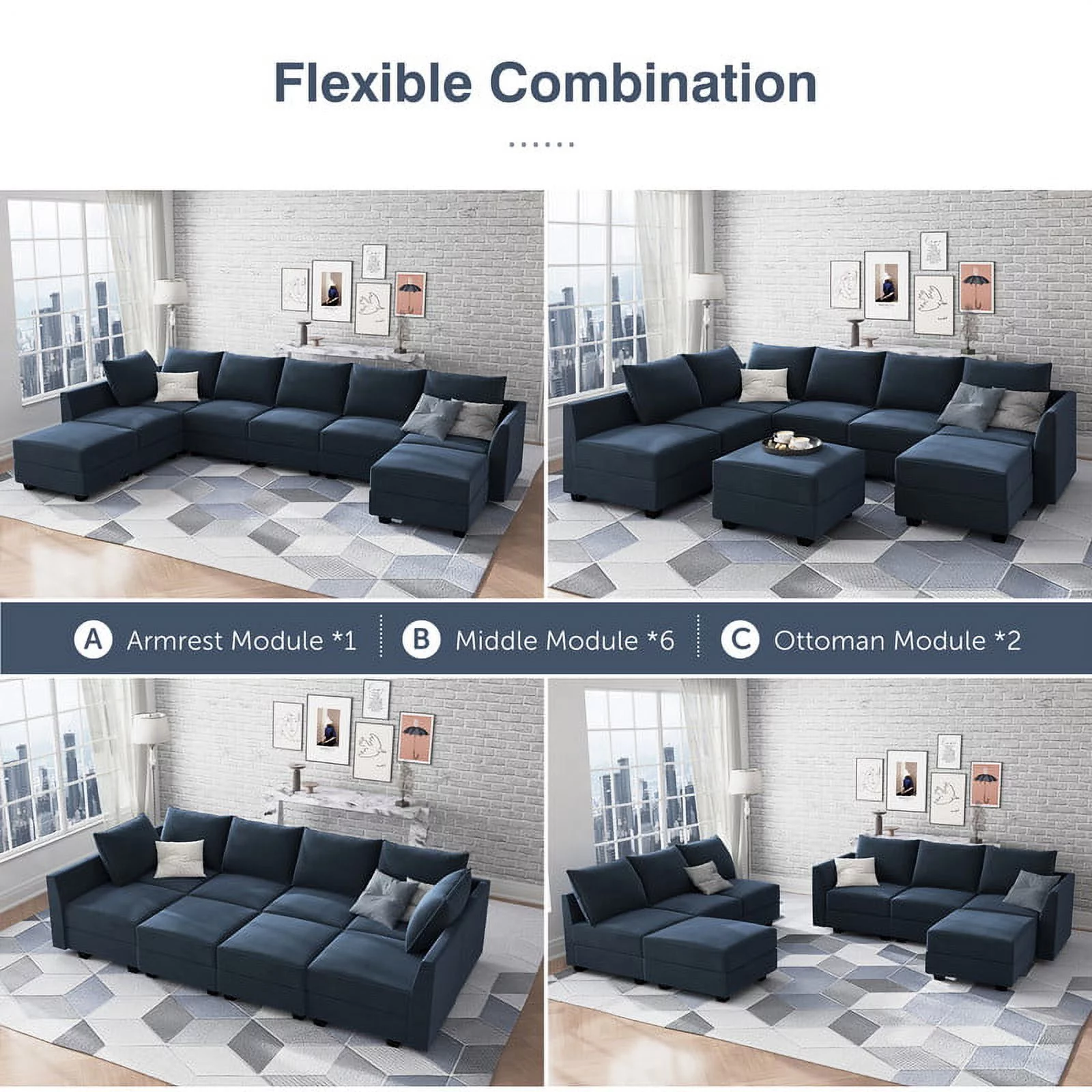 HONBAY Modular Sectional Sofa with Ottoman Oversized U Shaped Couch with Reversible Chaise Velvet Sleeper Modular Sofa Convertible Sectional Couch for Living Room, Dark Blue