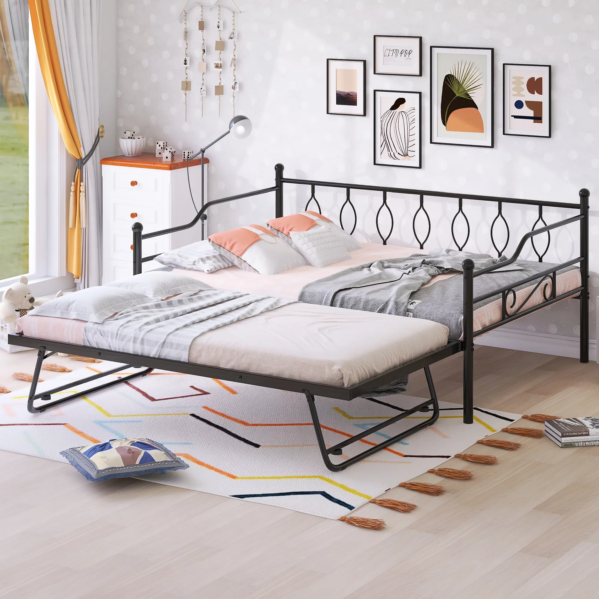 CoSoTower Full Size Metal Daybed with Twin Size Adjustable Trundle, Portable Folding Trundle, Black
