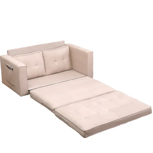 Beige Folding Sofa Bed with Two Storage Pockets, Linen Convertible Foldable Couch Bed