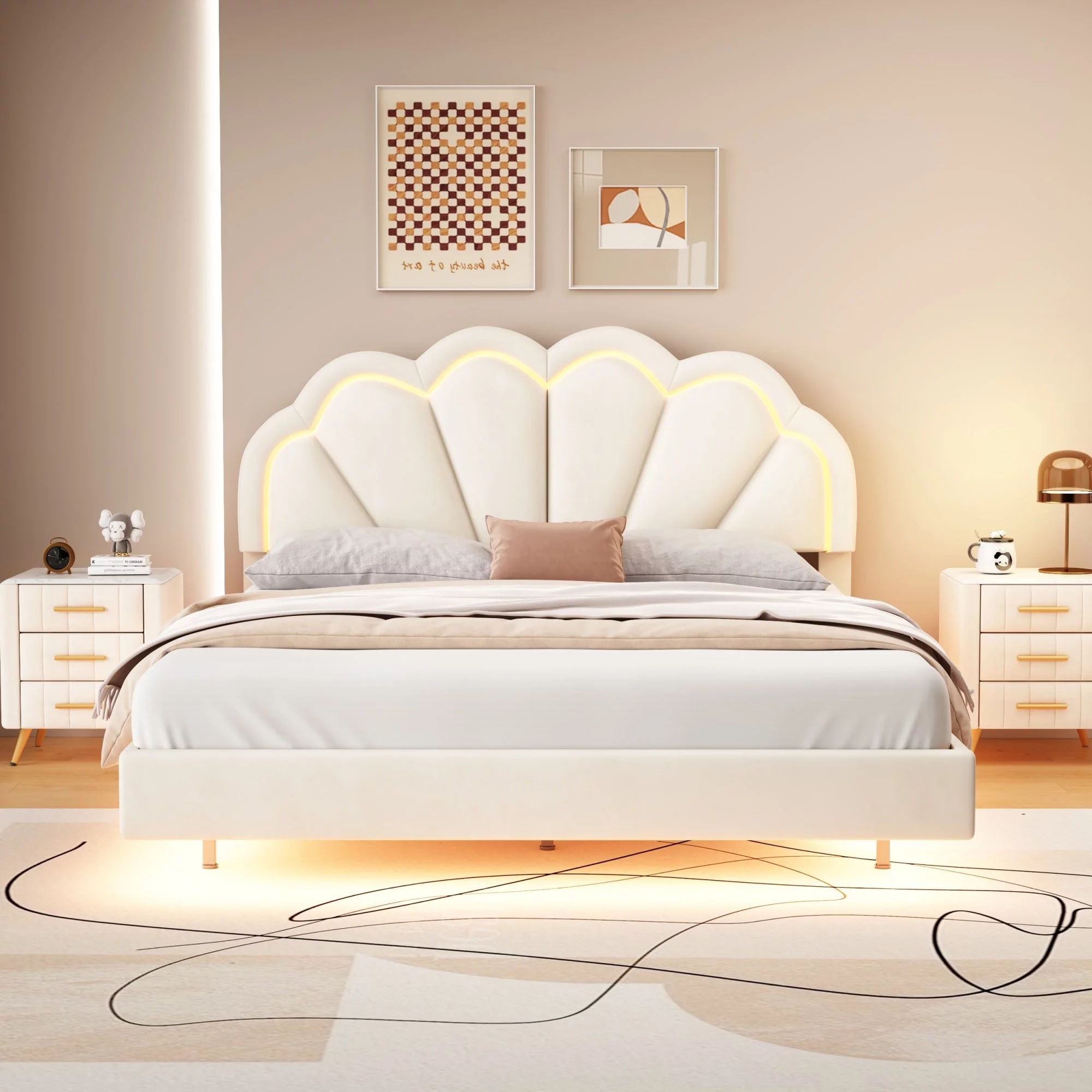 Atlantic Queen Size Platform Bed Frame withe LED - Beige