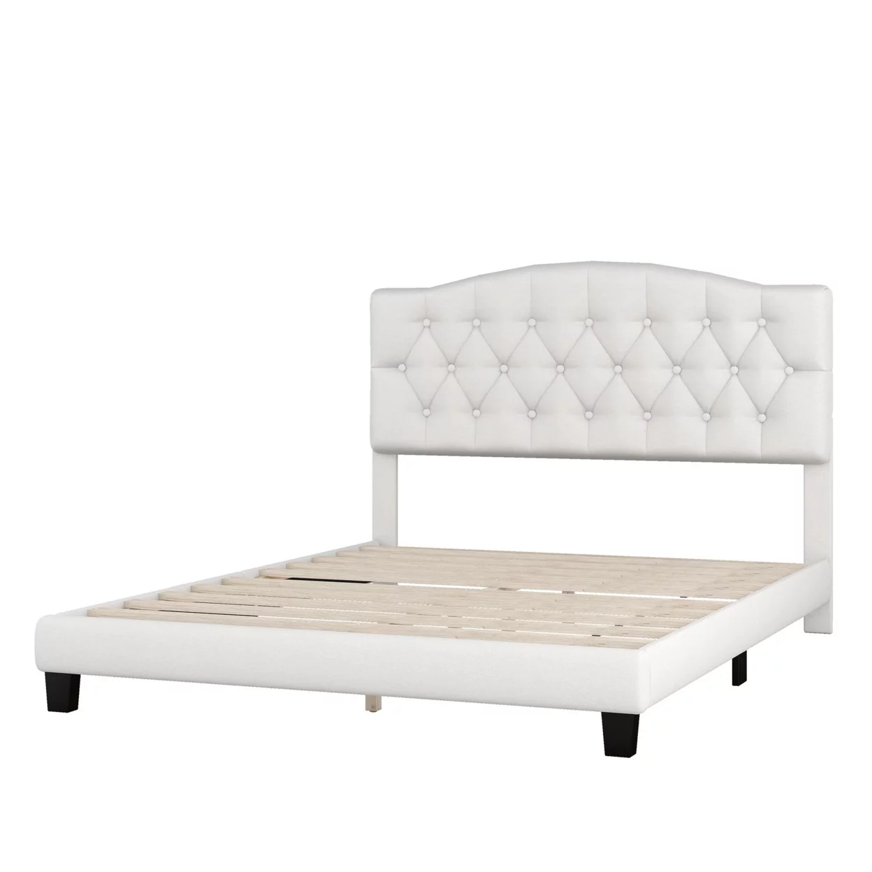 Cody Queen Size Platform Bed with Diamond Button Tufted Headboard, Beige- Saltoro Sherpi