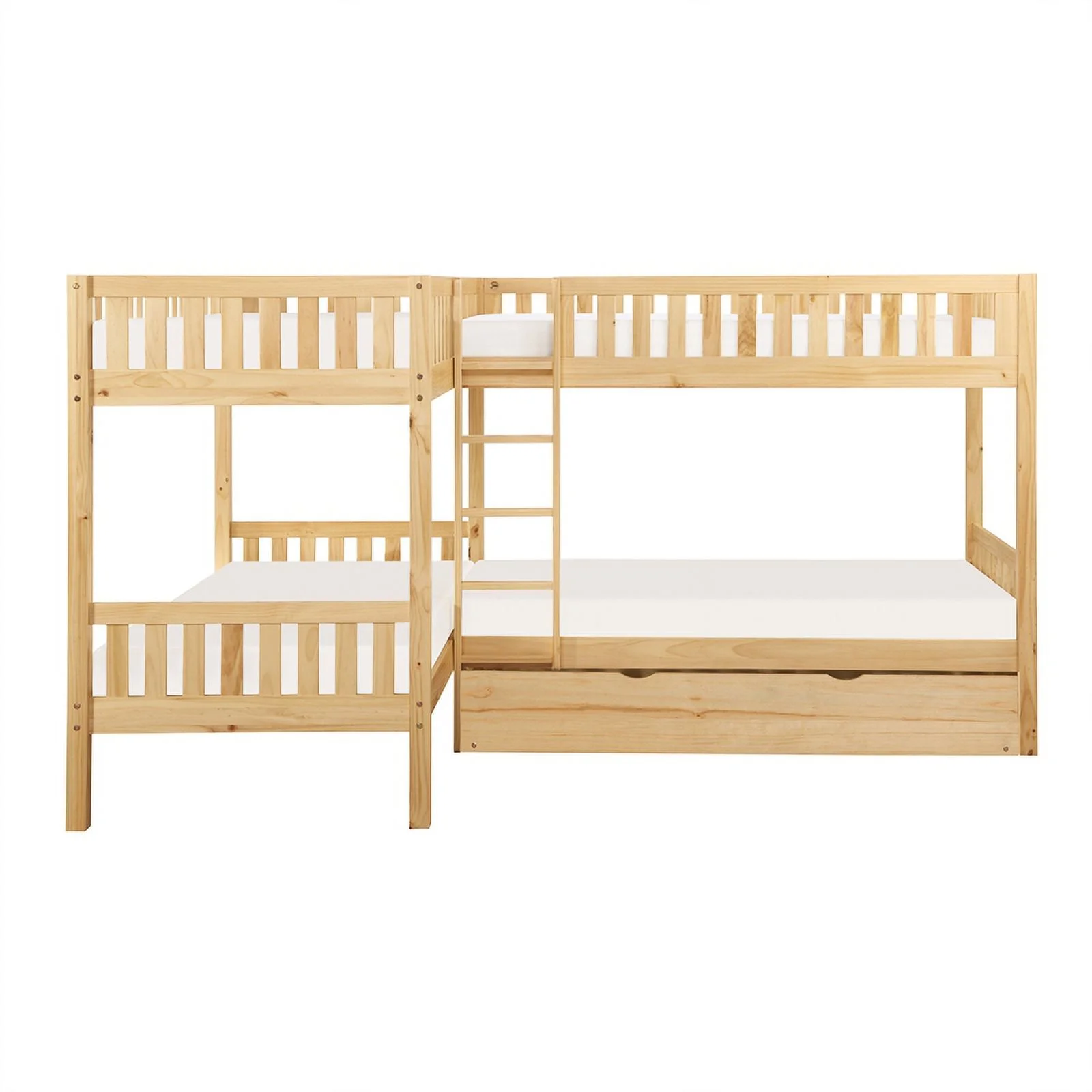 Lexicon Contemporary Wood Corner Bunk Bed with Twin Trundle in Natural Pine