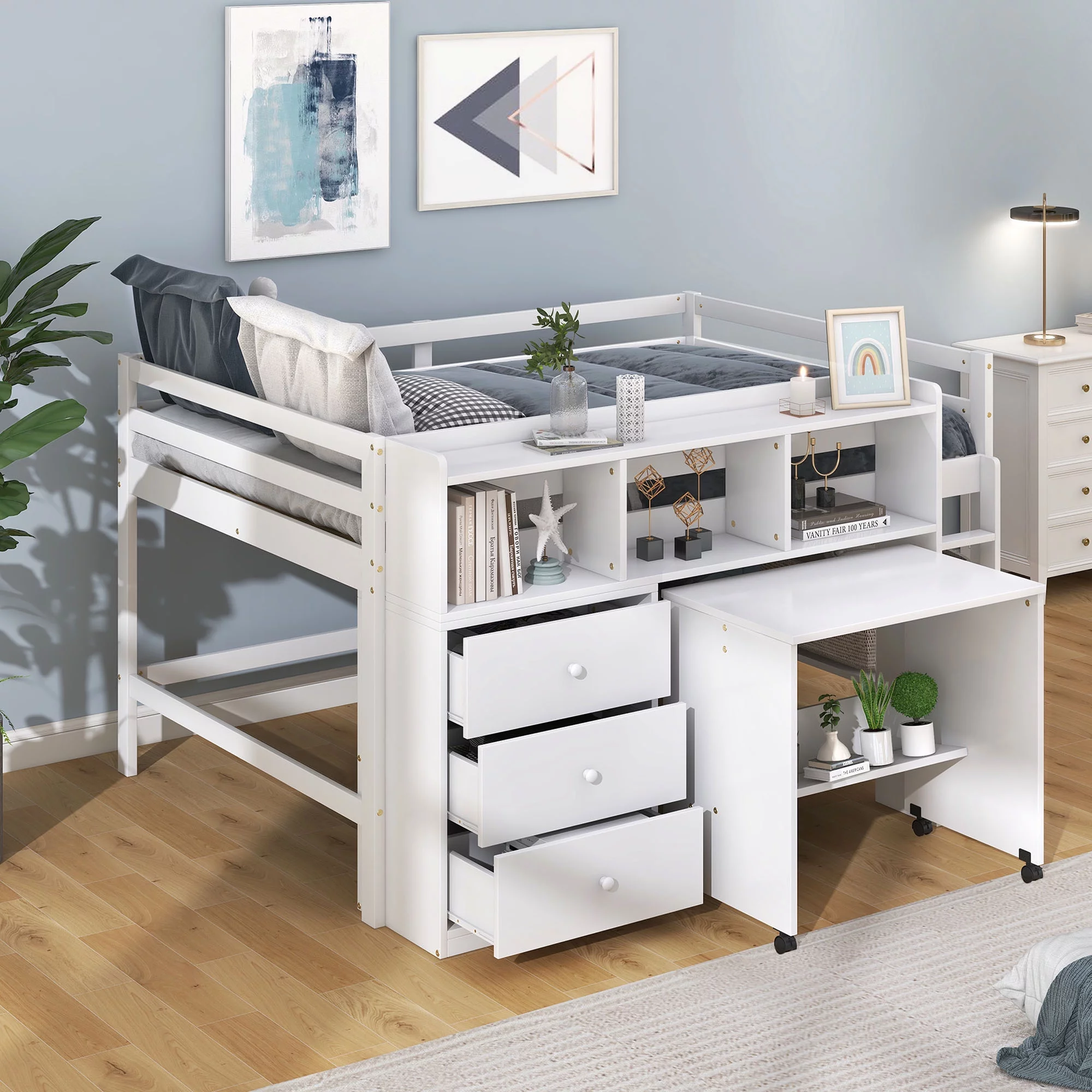 Leadzm Full Size Low Loft Bed with Rolling Portable Desk, Drawers and Shelves, White