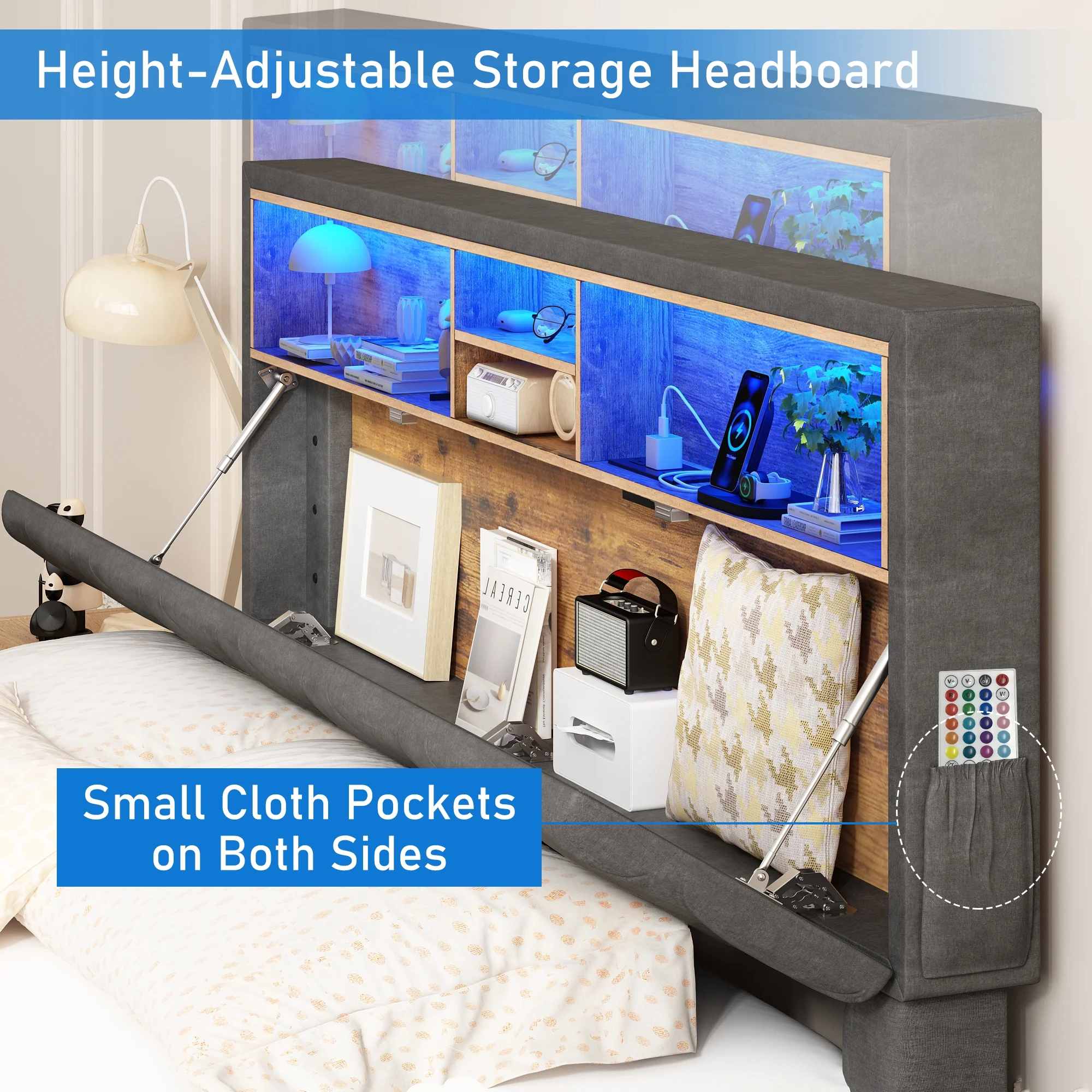 Blotout Queen Size LED Bed Frame with Charging Station, Platform Bed Frame with Height Adjustable Flip-Top Storage Headboard, Side Pockets & Drawers(Dark Gray- Gold Decoration-Queen)