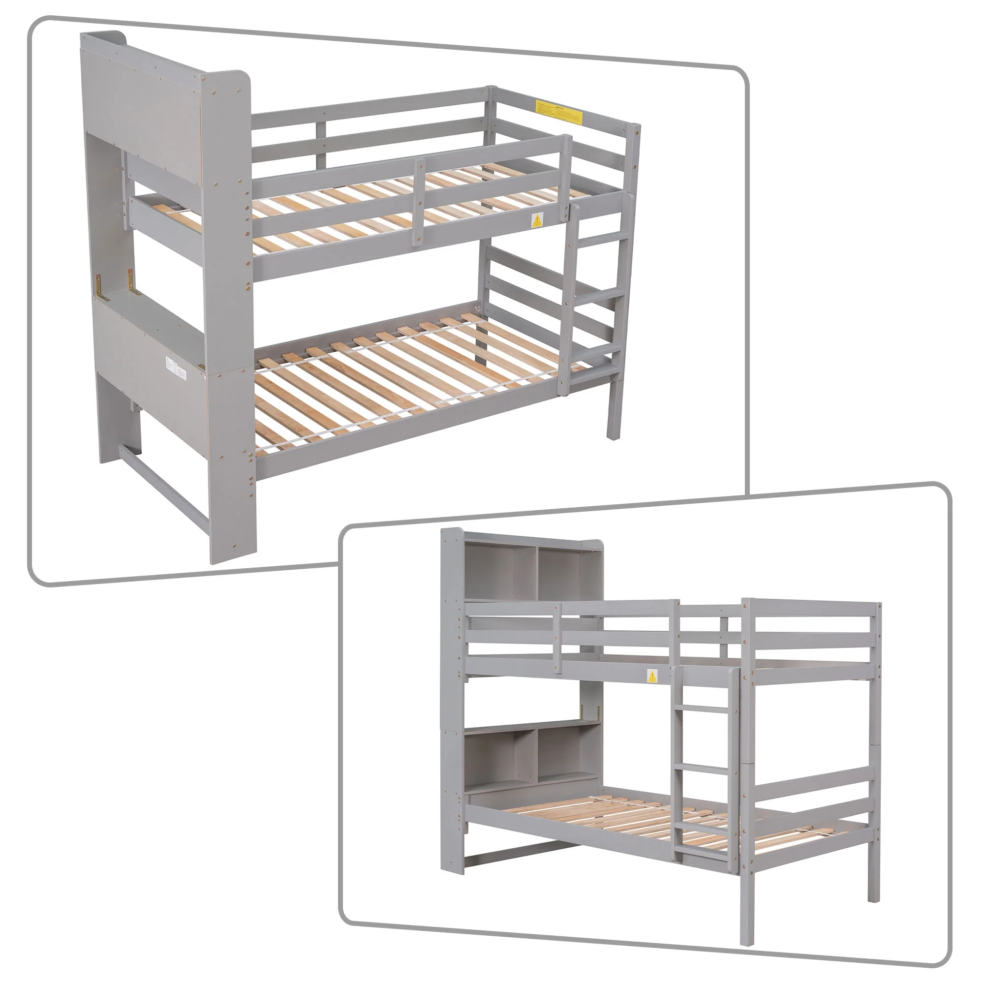 Modern and Minimalist Style Twin Size Wooden Bunk Bed with Ladder and Shelves, Grey