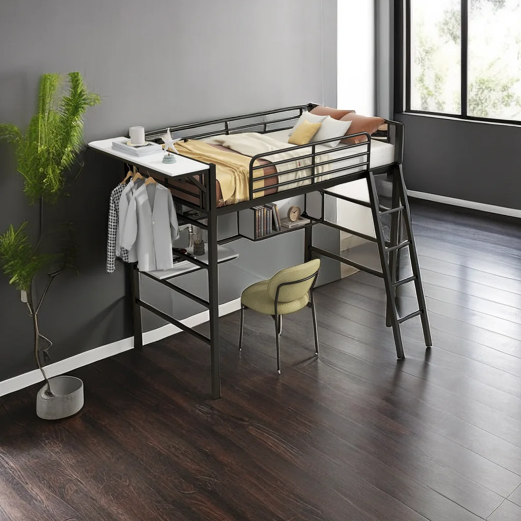Twin Size Metal Loft Bed with 2 Shelves, a Desk and a Hanging Clothes Rack