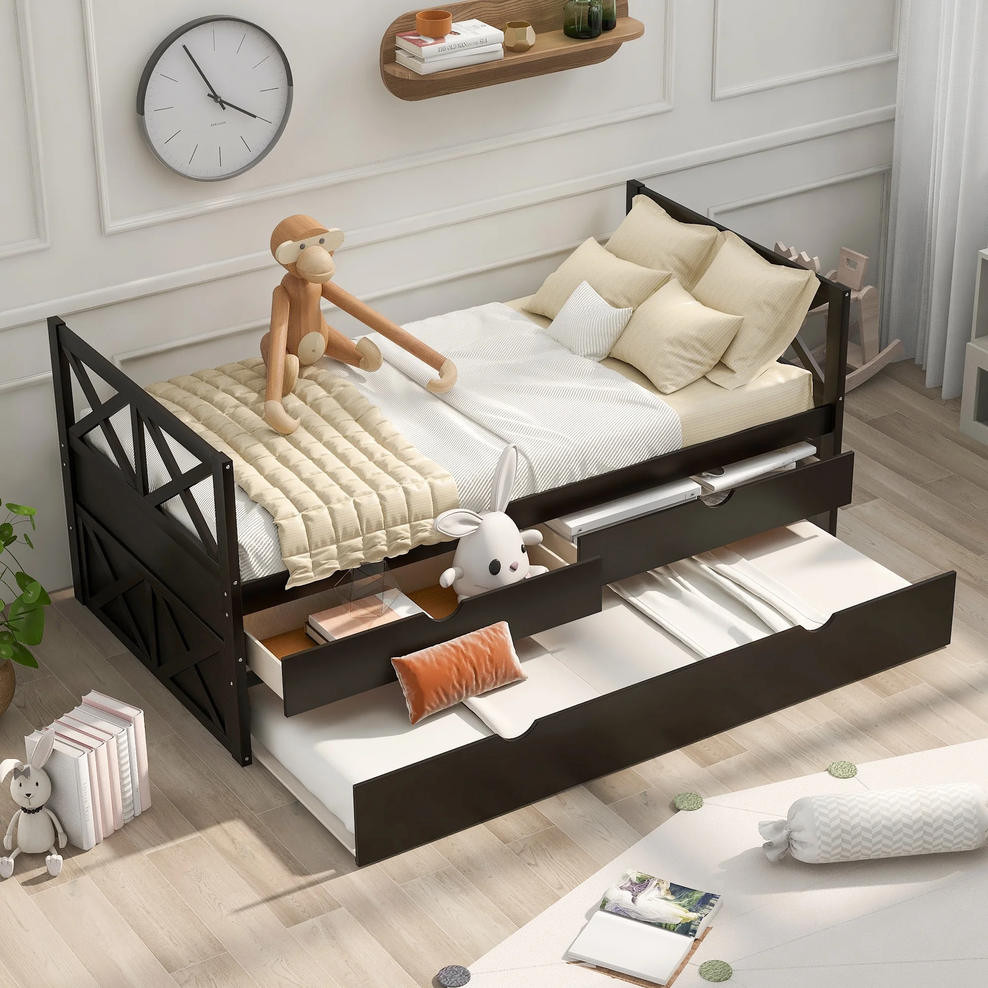 Espresso Rustic Style Multi-Functional Solid Pine Wood Daybed with Two Large Drawers and Extra Trundle, Assembly Required