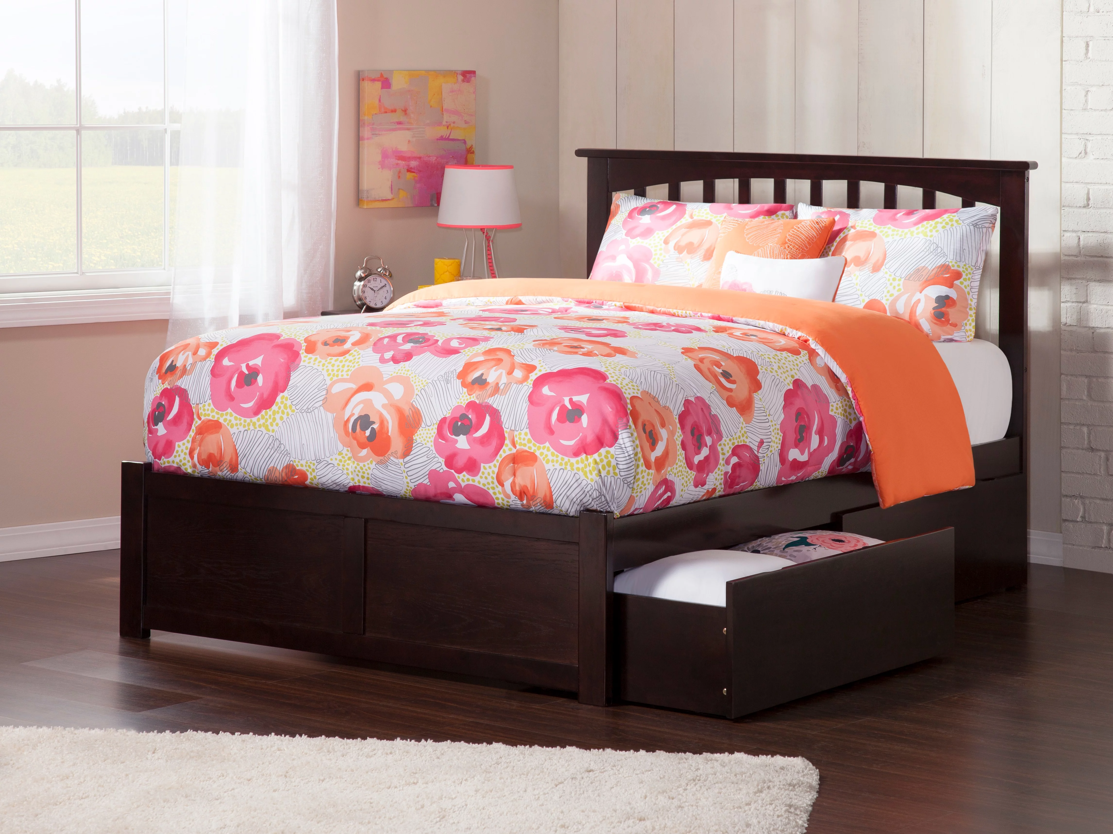 Mission Platform Bed with Flat Panel Foot Board and 2 Urban Bed Drawers in, Multiple Colors and Sizes