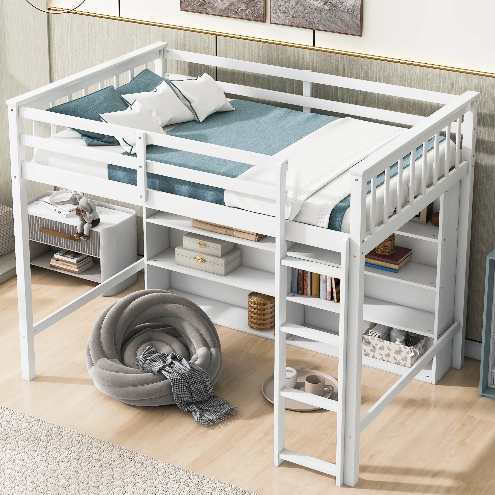 CoSoTower Twin Size Loft Bed with 8 Open Storage Shelves and Built-In Ladder, White