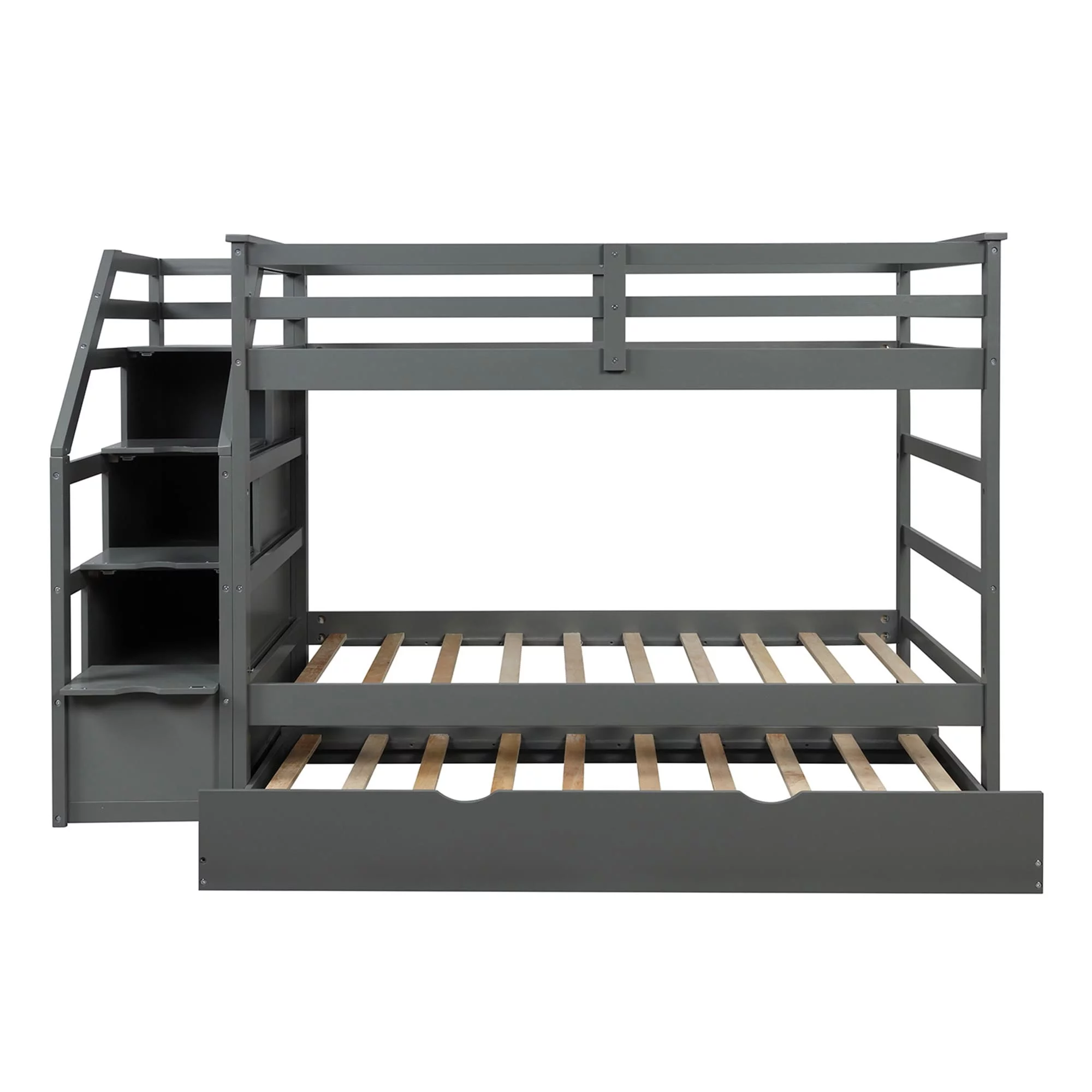 Twin-Over-Twin Bunk Bed with Twin Size Trundle and 3 Storage Stairs Grey