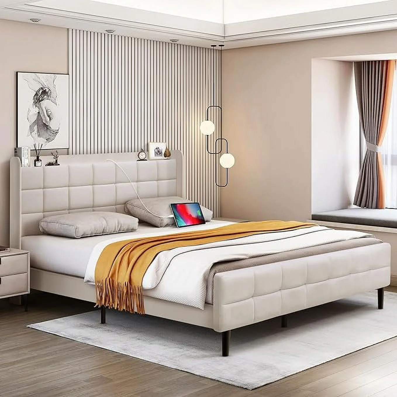 Upholstered Platform Bed Frame / Thickened Storage Headboard/ Mattress Foundation / Wood Slat Support / Easy Assembly, Full/Queen Size Beige