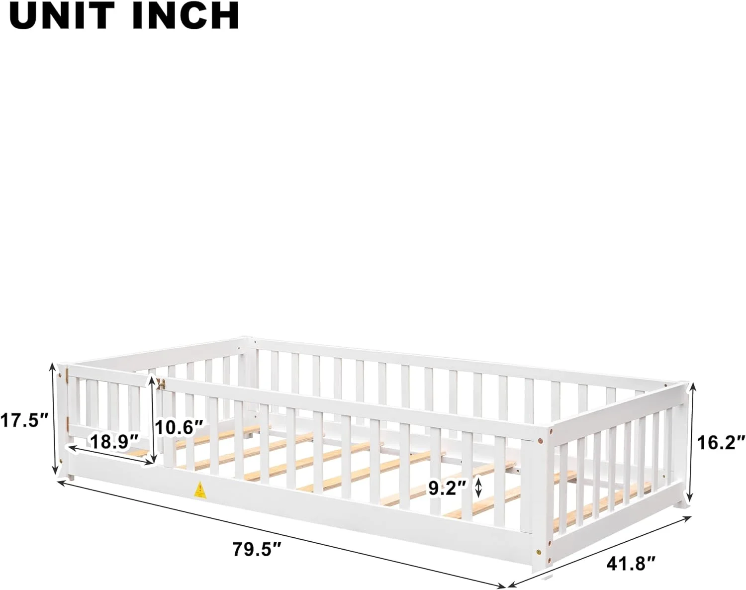 Floor Bed Wih Fence And Door, Wooden Monessori Plaform Bed Frame For Kids, Boys Girls, Slas Included, No Box Spring Needed ( Size, Whie)