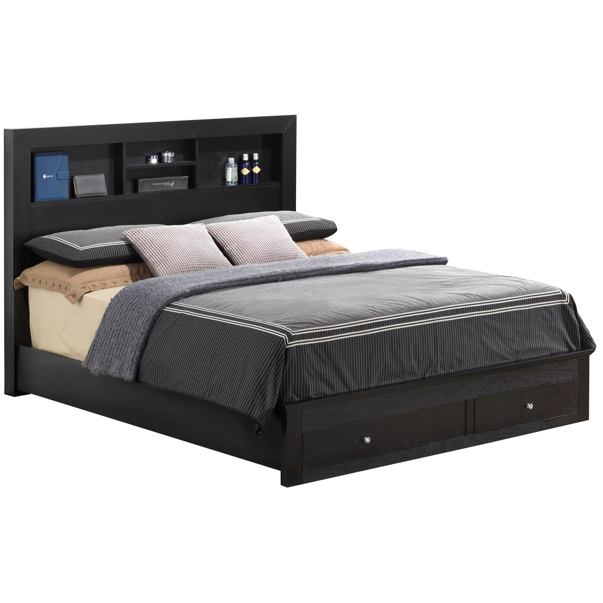 Passion Furniture  Burlington Storage Platform Bed with Built Shelves & Two Footboard Drawer, Black - King Size