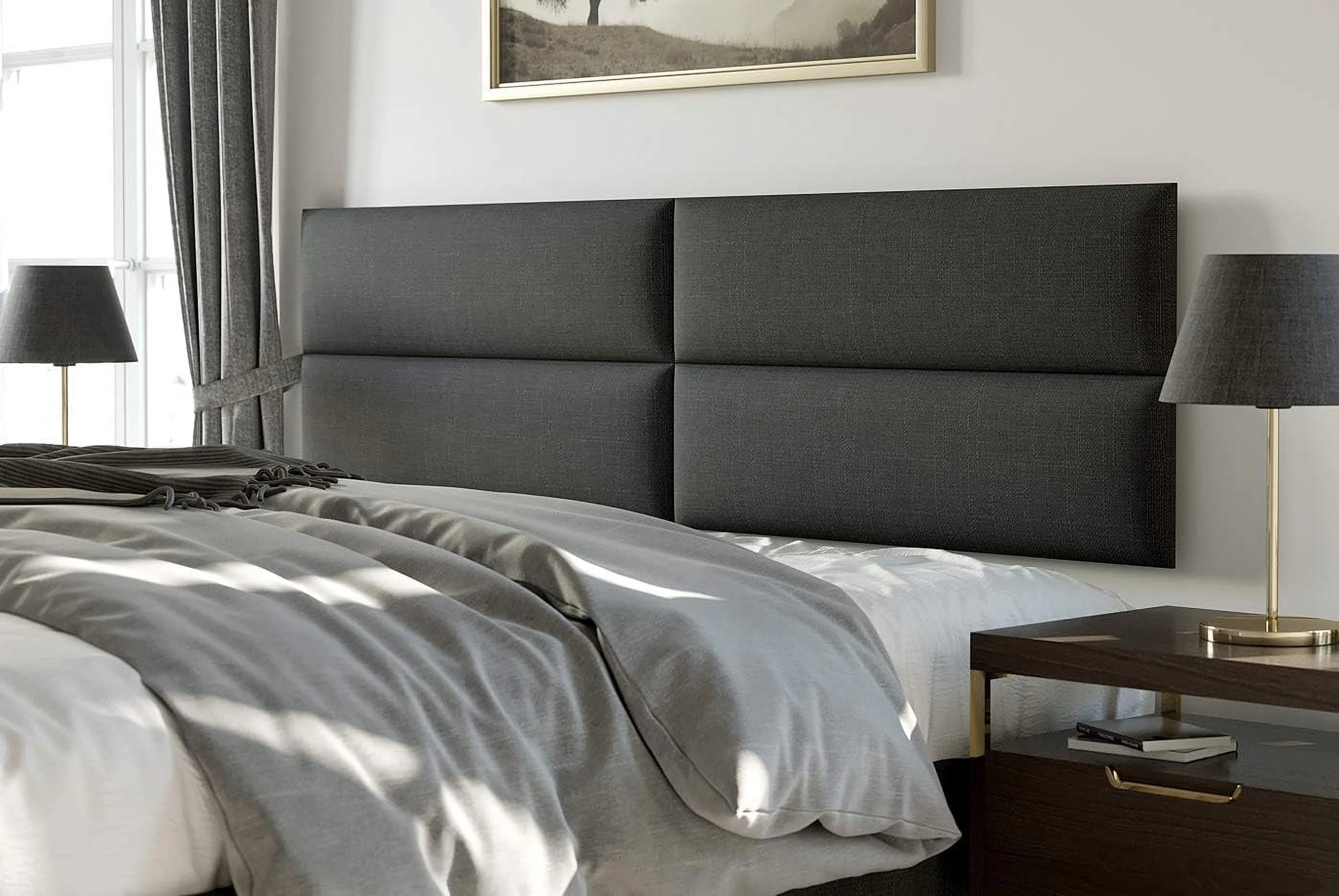 Upholstered Wall Panels - King/Cal King Size Wall Mounted Headboards – Weave Steal Black – Pack Of 4 Panels (Each Individual Panel 39