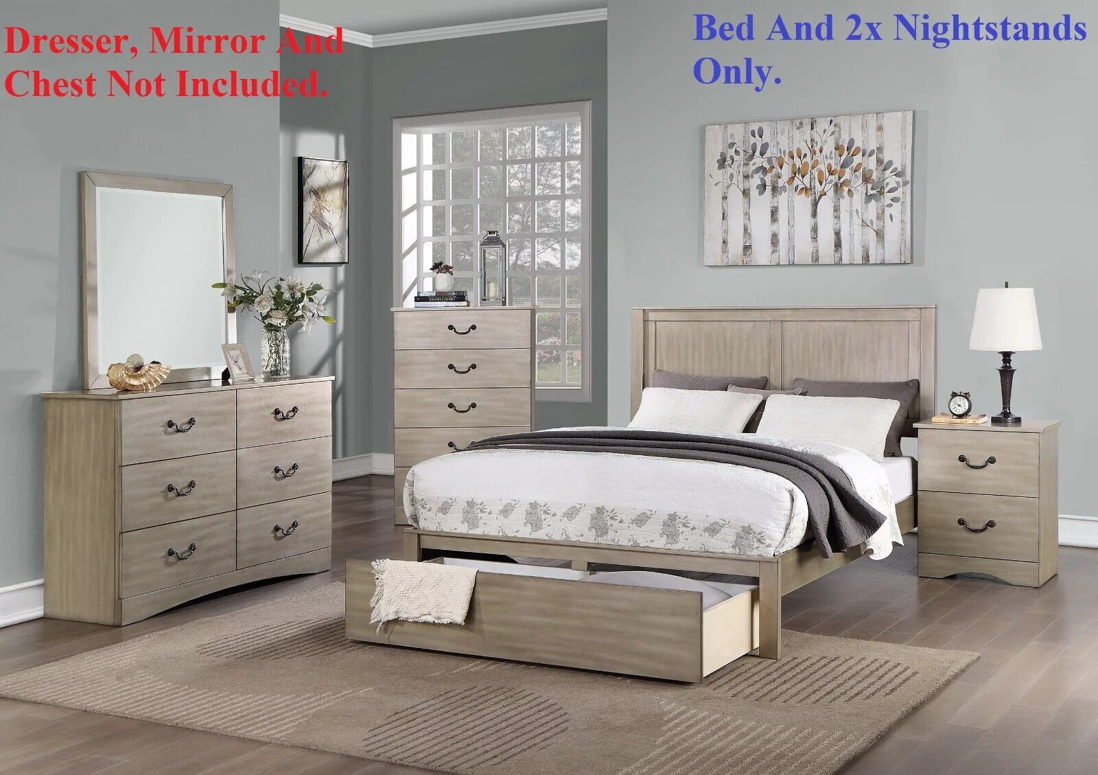 California King Size Bed And 2x Nightstands 3pc Bedroom Set Storage Underbed Drawers Footbaord Furniture Wooden Panel Headboard