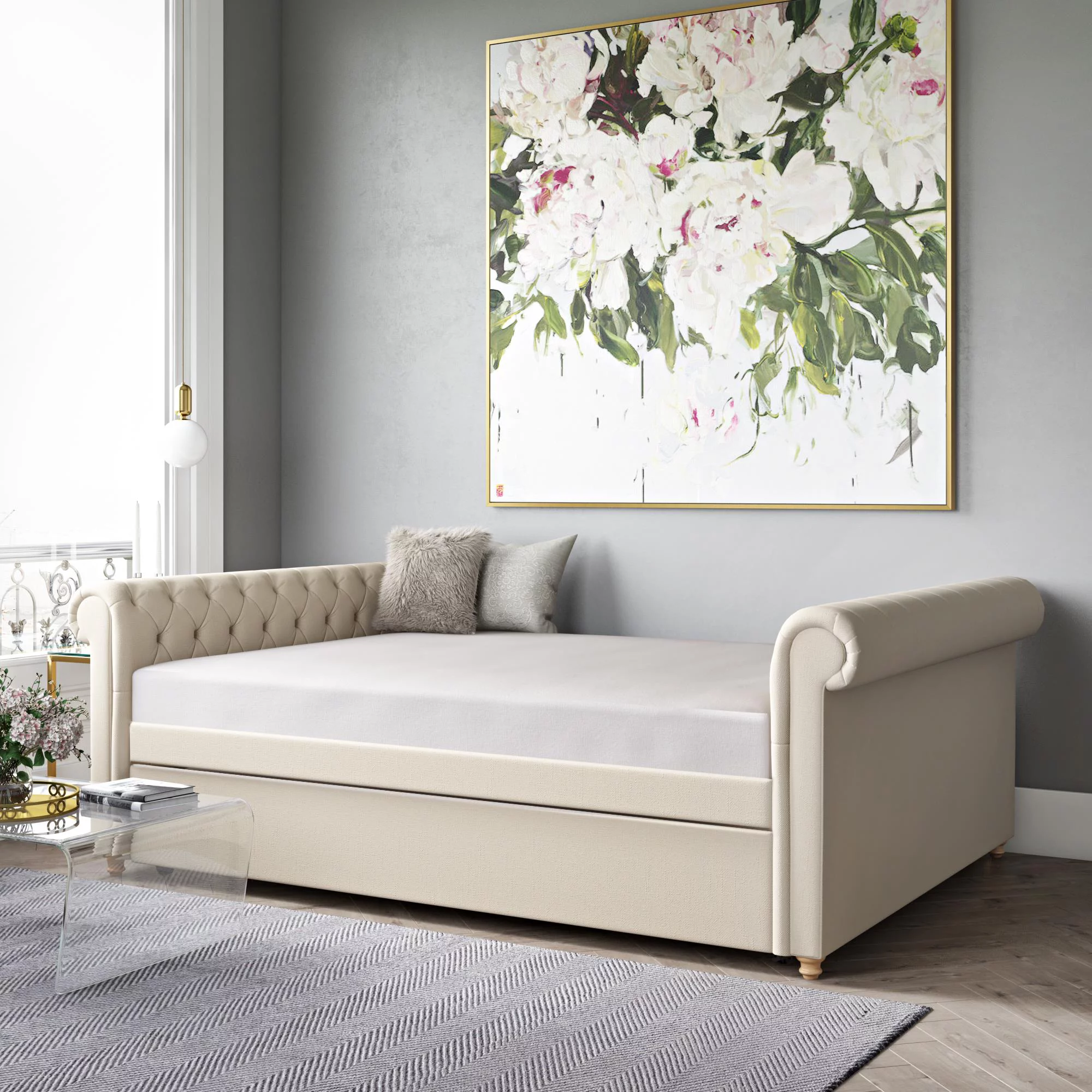 DHP Sophia Upholstered Queen Size Daybed and Full Trundle, Tan Linen