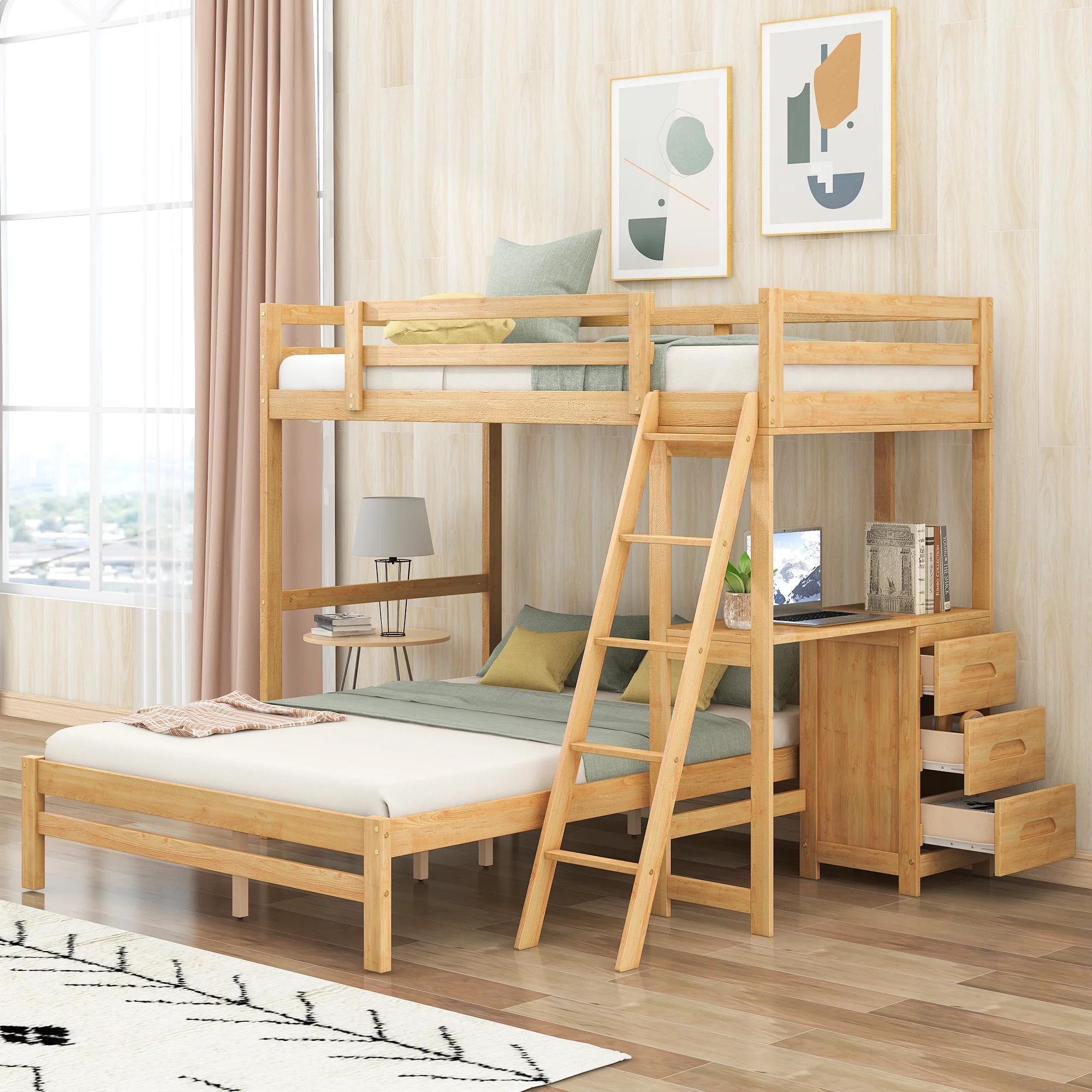 Dcenta Twin over Full Bunk Bed with Built-in Desk and Three Drawers,Natural