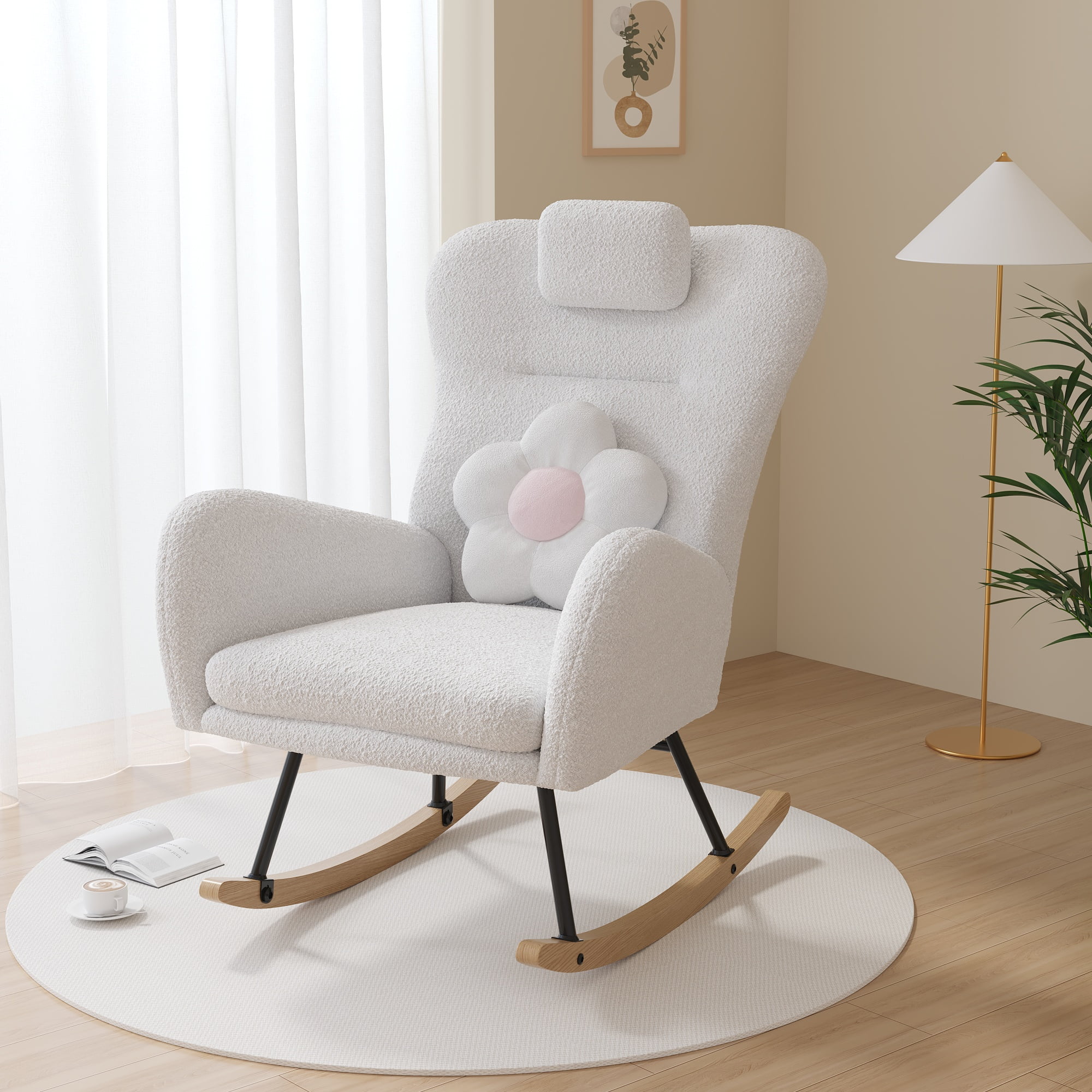 paproos Modern Teddy Fabric Rocking Chair, Accent Rocker Chair with High Backrest, Accent Glider Rocker for Living Room Bedroom Playroom,White
