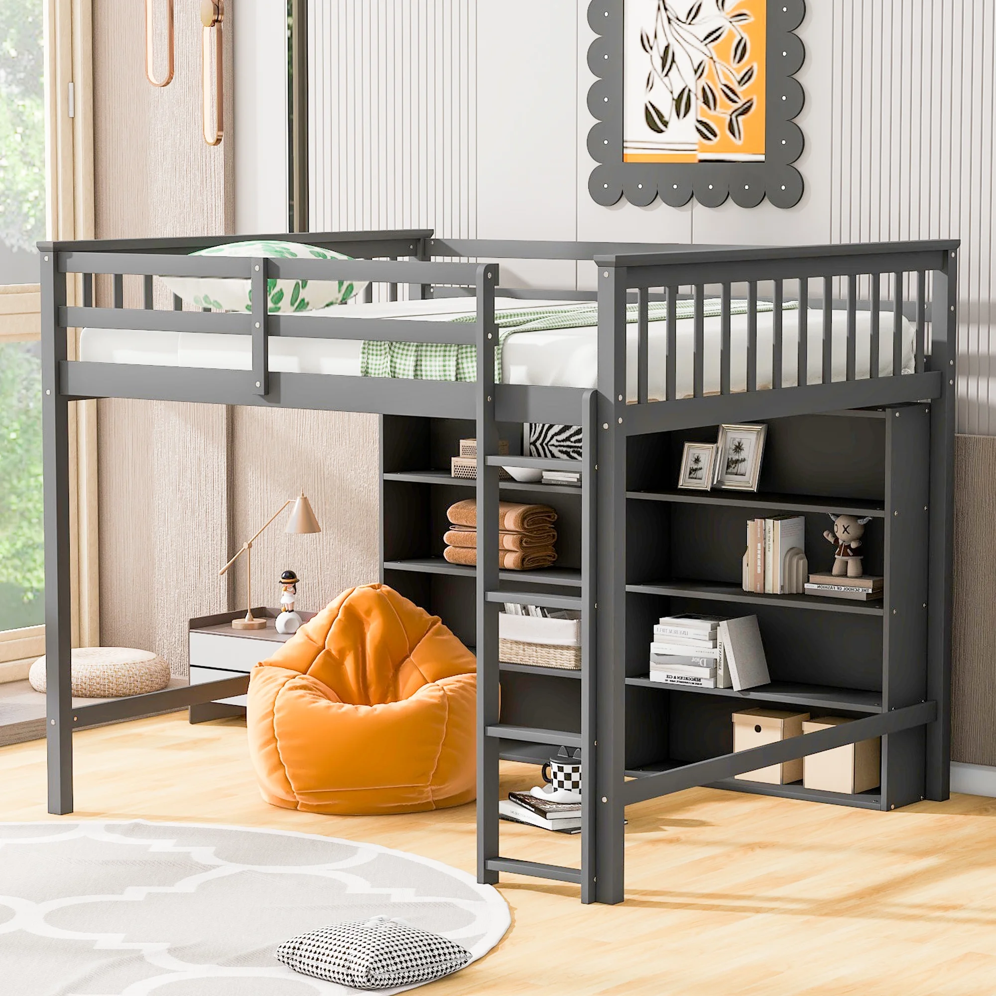 Euroco Wood Full Size Loft Bed with Shelf for Kids Bedroom, Functional Storage Shelf and Display Case, Open Bookcase for Kids Teens Adults, Gray