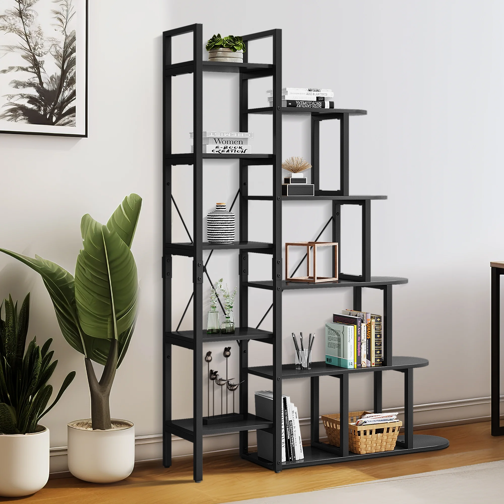 Dextrus 5 Tiers Bookshelf, L Shape 5 Storage Ladder Bookcase, Modern Minimalist Furniture Display Book Shelves for Living Room Bedroom Home Office, Black