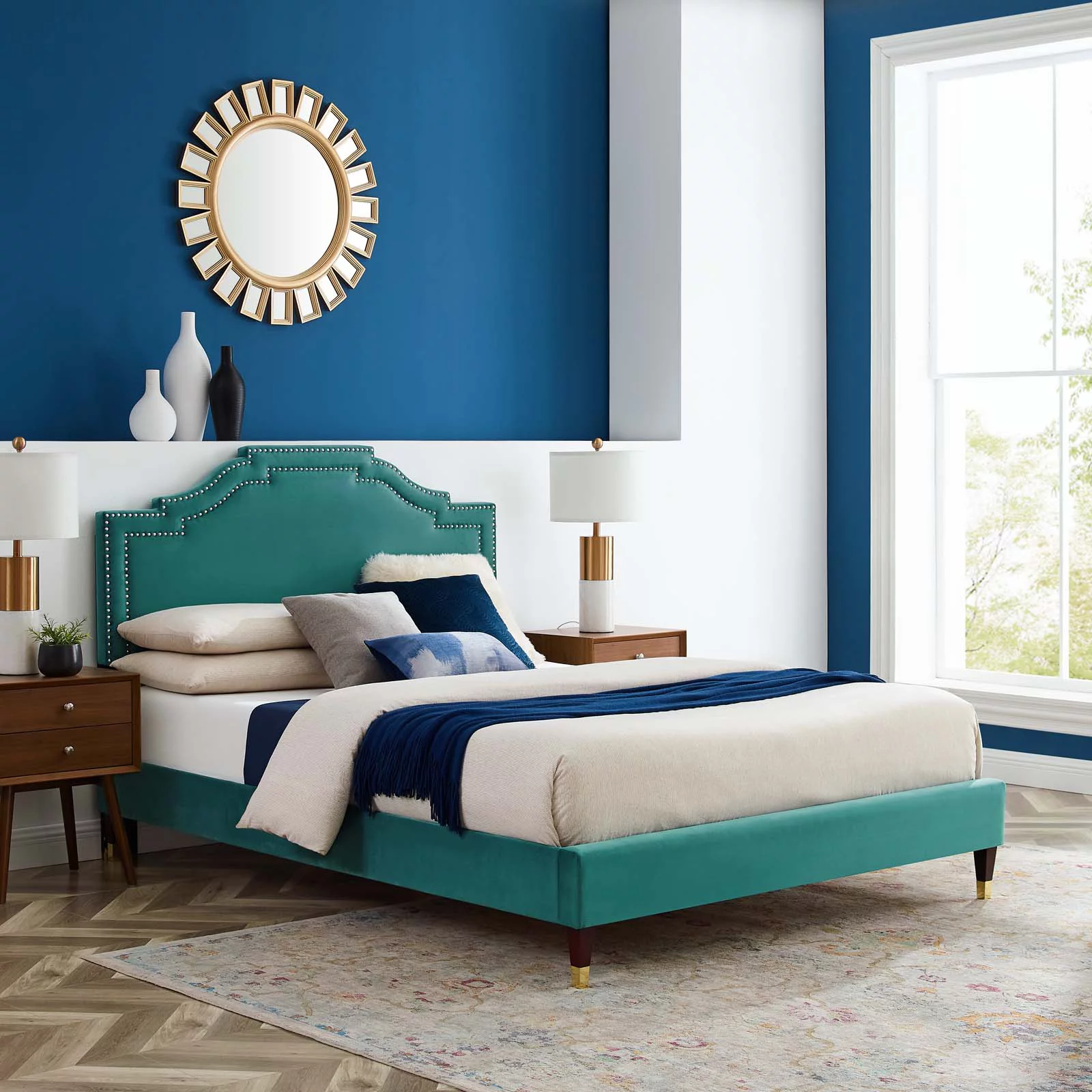 Modway Adelaide Performance Velvet King Platform Bed in Teal