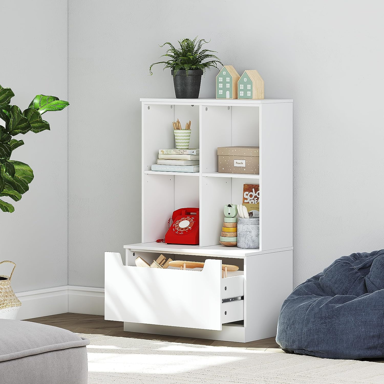 UTEX Kids Bookshelf with Toy Storage, Toy Organizer with Drawer, Toy and Book Storage Cubby for Kids, Toddlers, Ideal for Bedroom, Playroom, Nursery, White