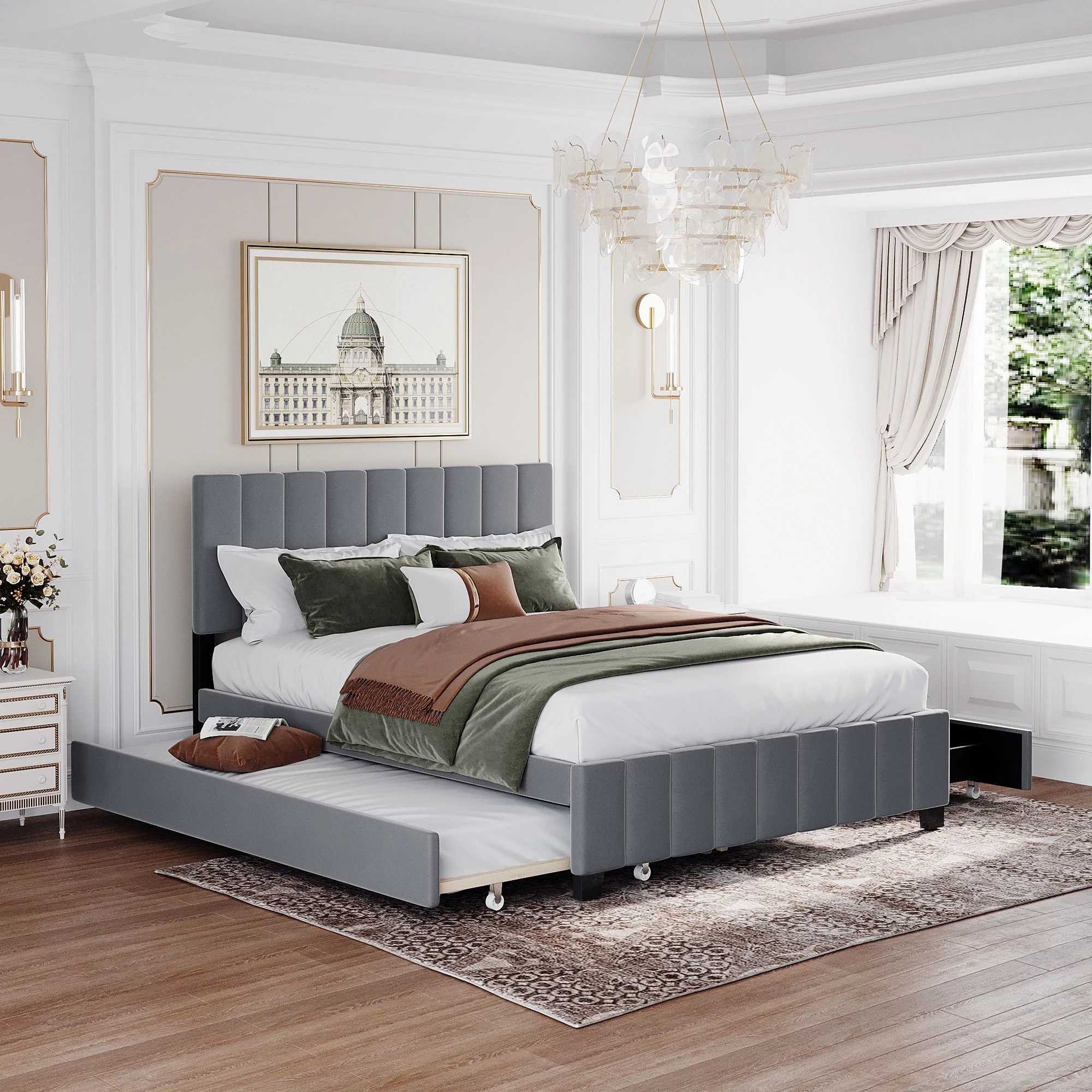 CoSoTower Queen Size Velvet Upholstered Platform Bed with 2 Drawers and 1 Twin Xl Trundle- Gray