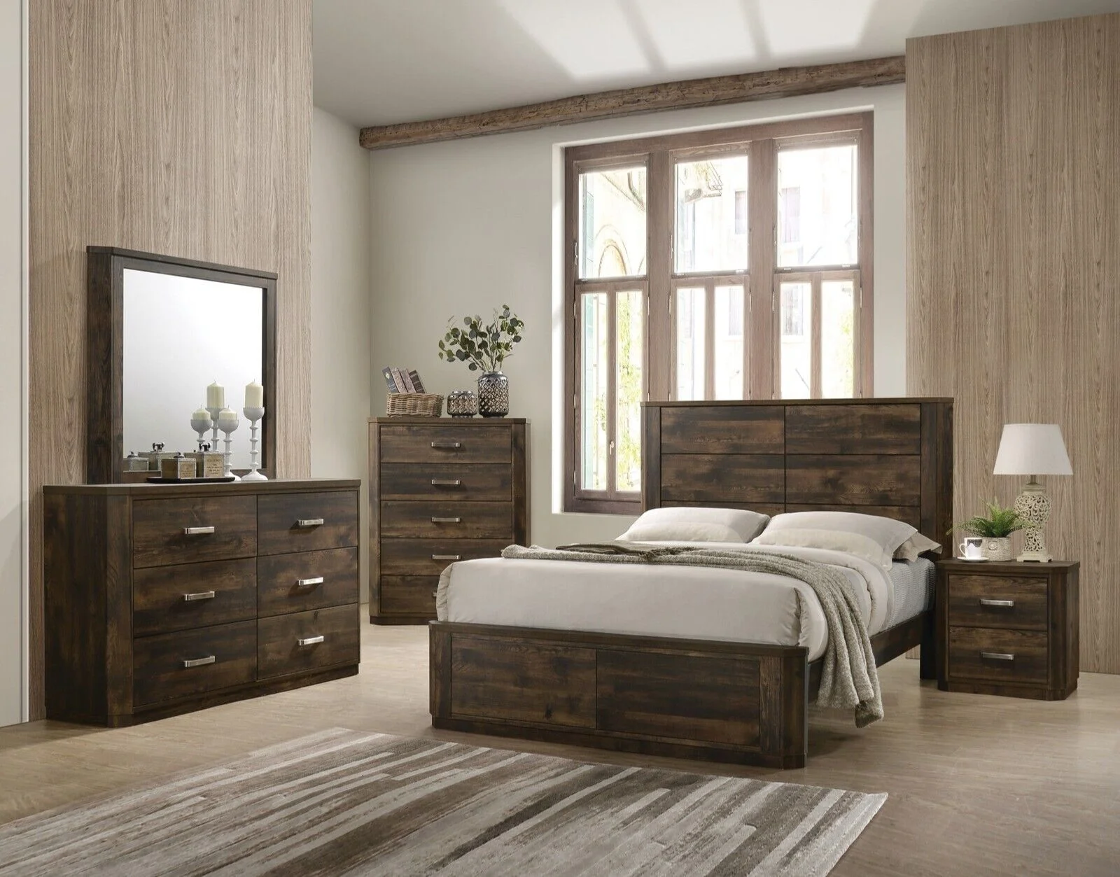 Contemporary Queen Bedroom Set 4pc Grooved Panels Bed Dresser Nightstand Mirror Rustic Walnut Finish Wooden Furniture