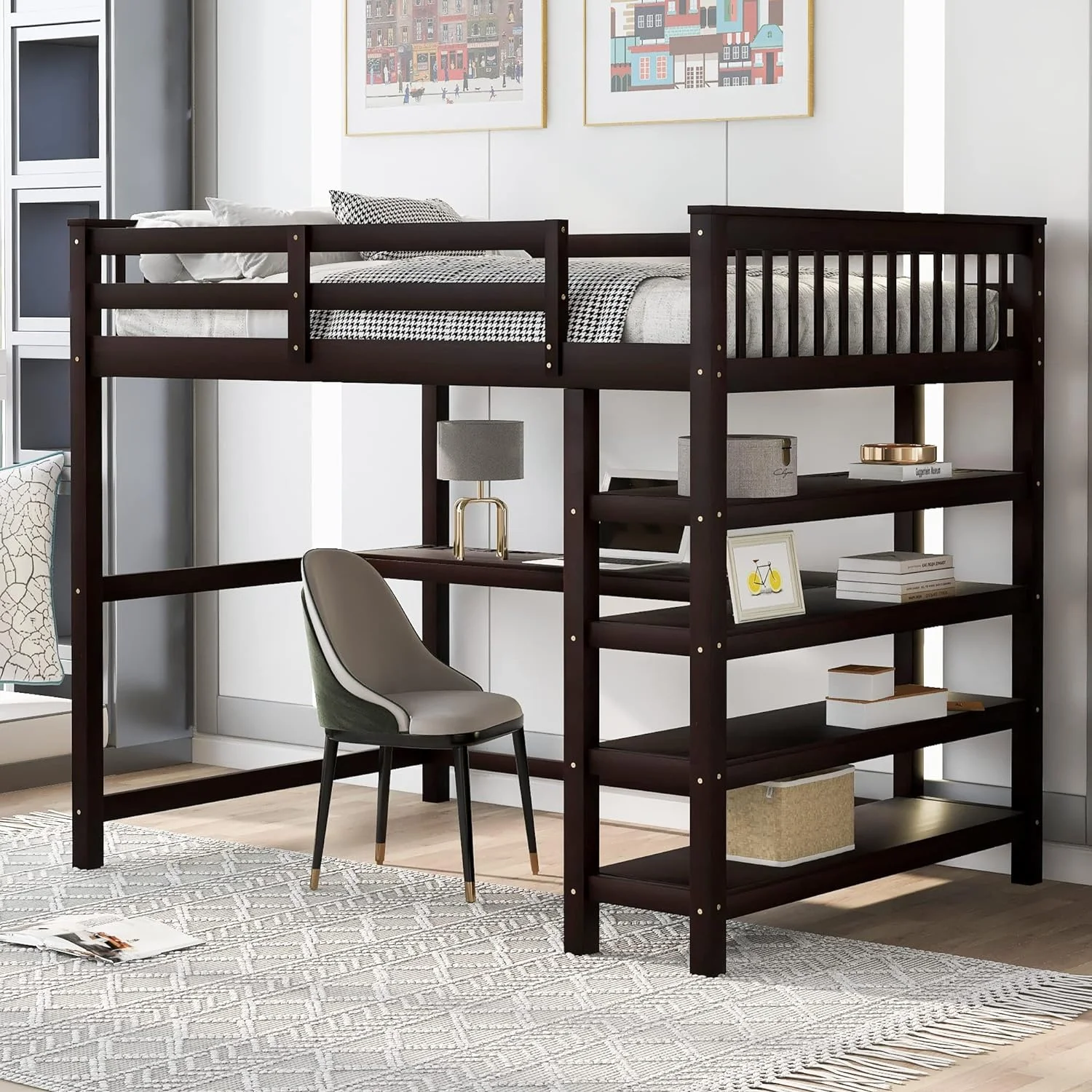 Loft Bed Full Size, Full Loft Bed With Desk, Solid Wood Full Size Loft Bed Frame With Storage Shelves, Bedroom Furniture (Full Loft With Desk, Espresso)