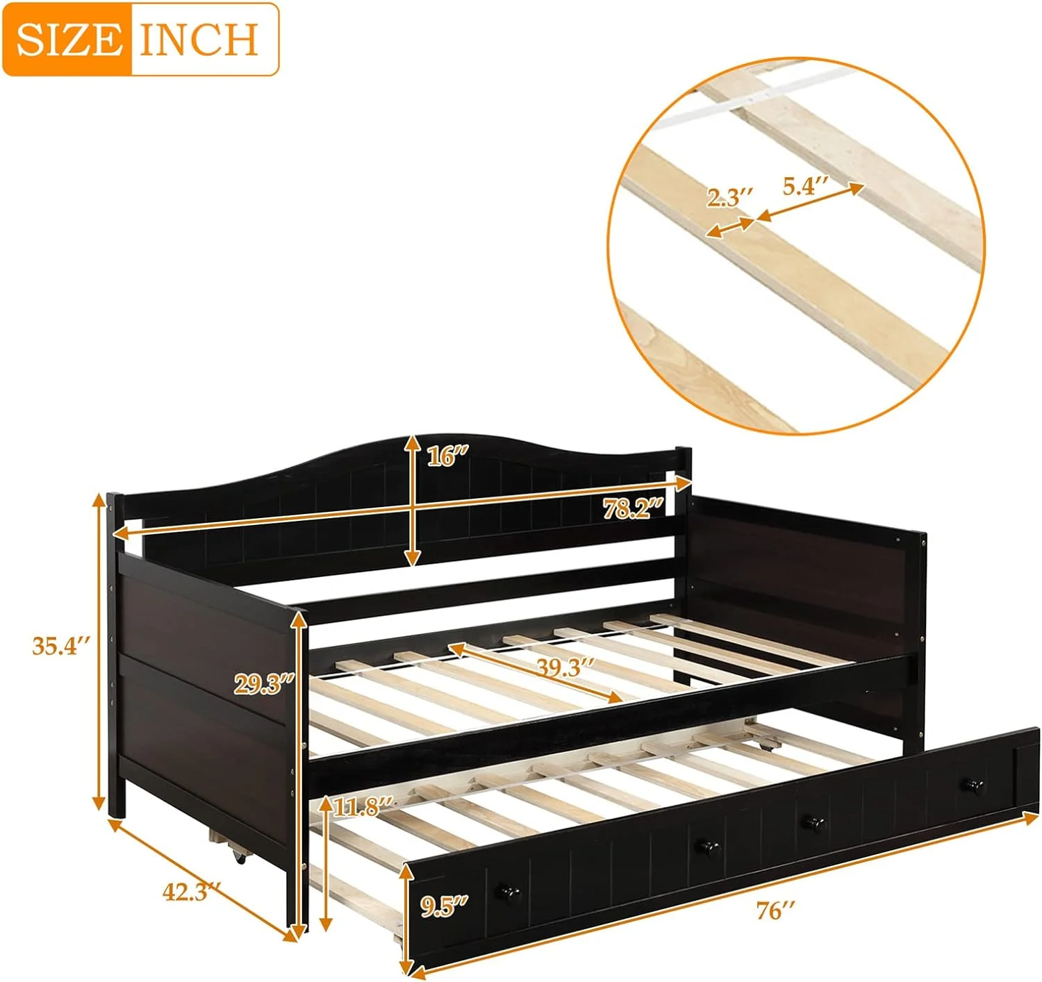 Daybed With Trundle Wood Day Bed Frame For Living Room Bedroom Dual-Use Sofa Beds For Kids Guests Sleepovers, Size, Espresso
