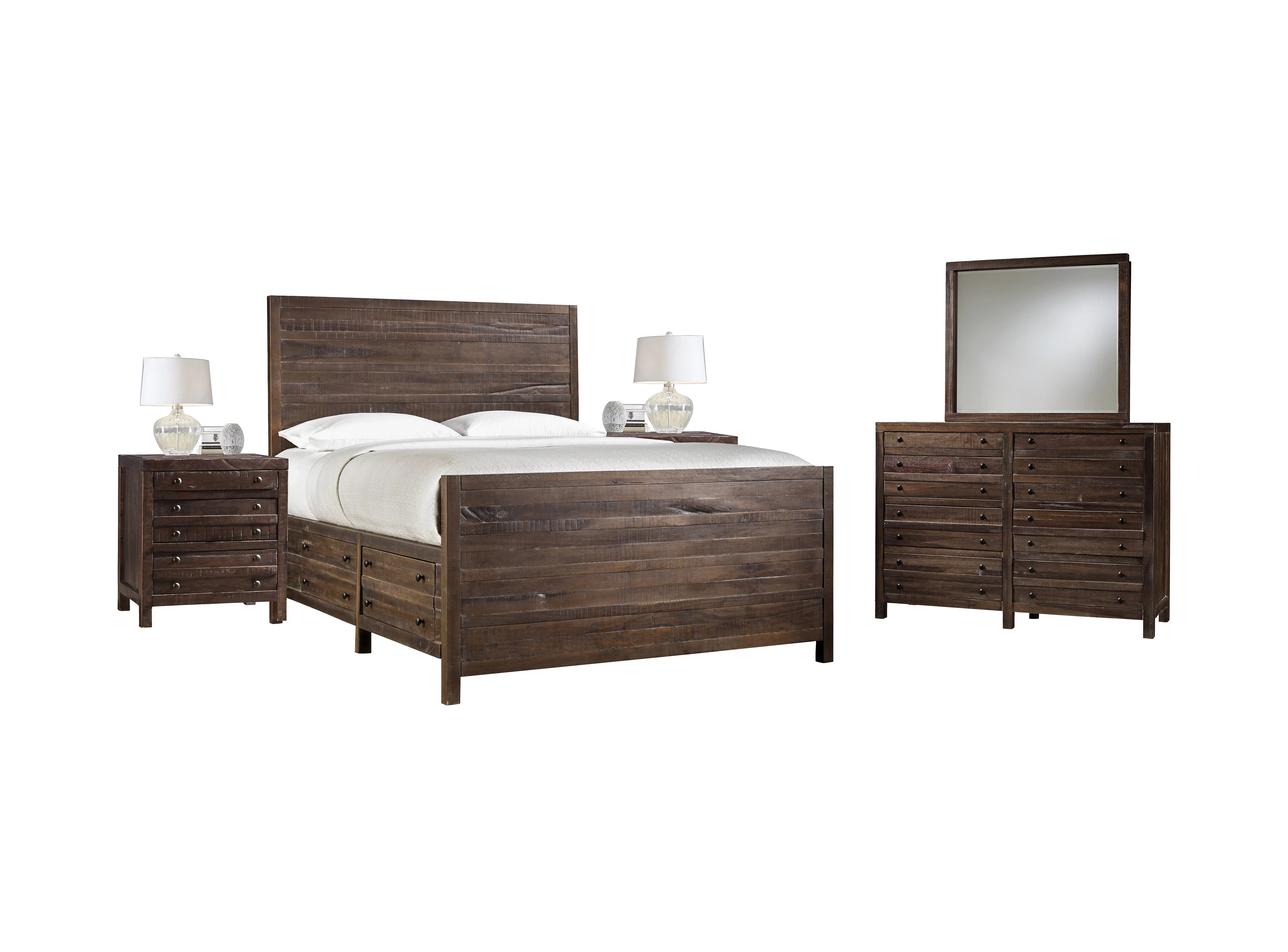 Tempton 5PC Cal King Storage Bed, 2 Nightstand, Dresser & Mirror Set in Coffee Brown