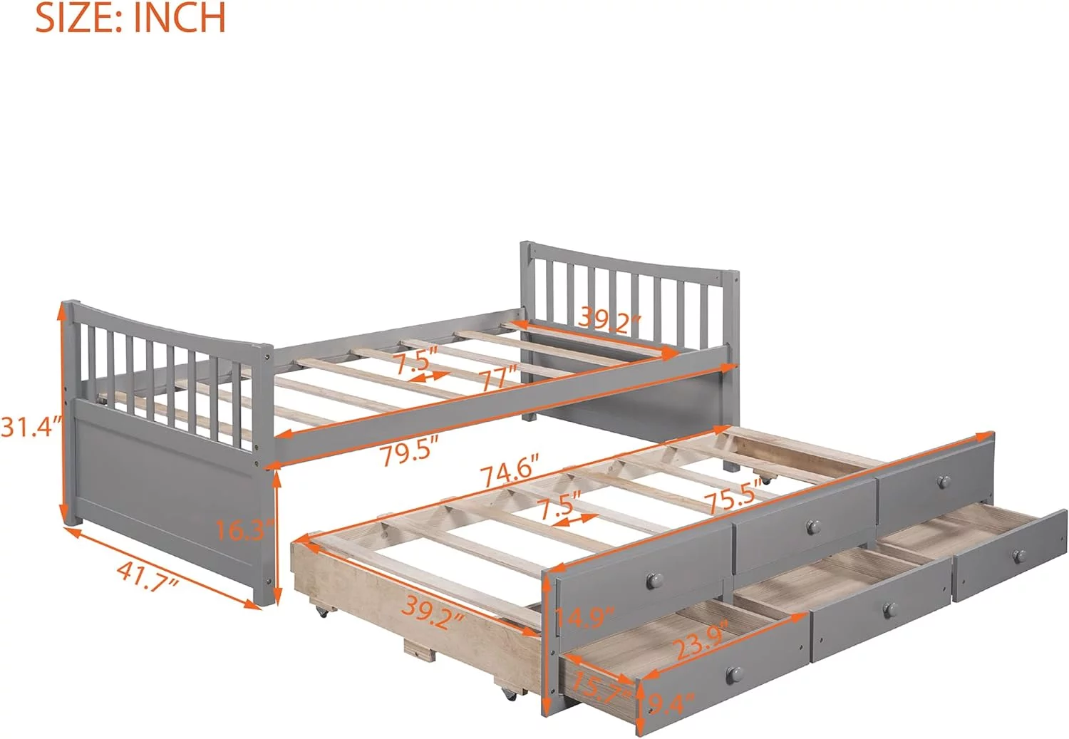 Size Daybed With Size Trundle And Drawers, Wood Bed Frame With Headboard And Footboard, Wooden Daybed For Kids Adults Bedroom, Gray